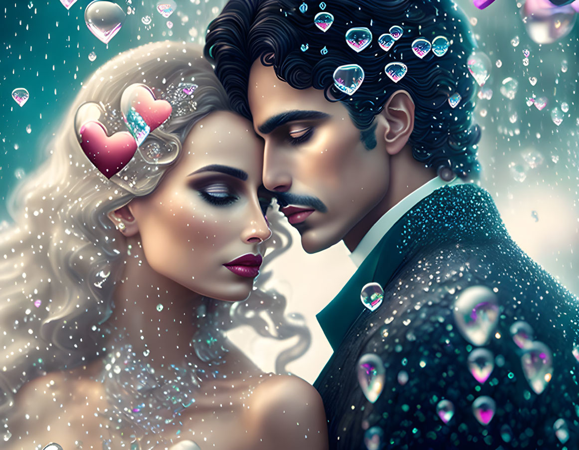 Illustrated couple in romantic setting with hearts and dreamy backdrop