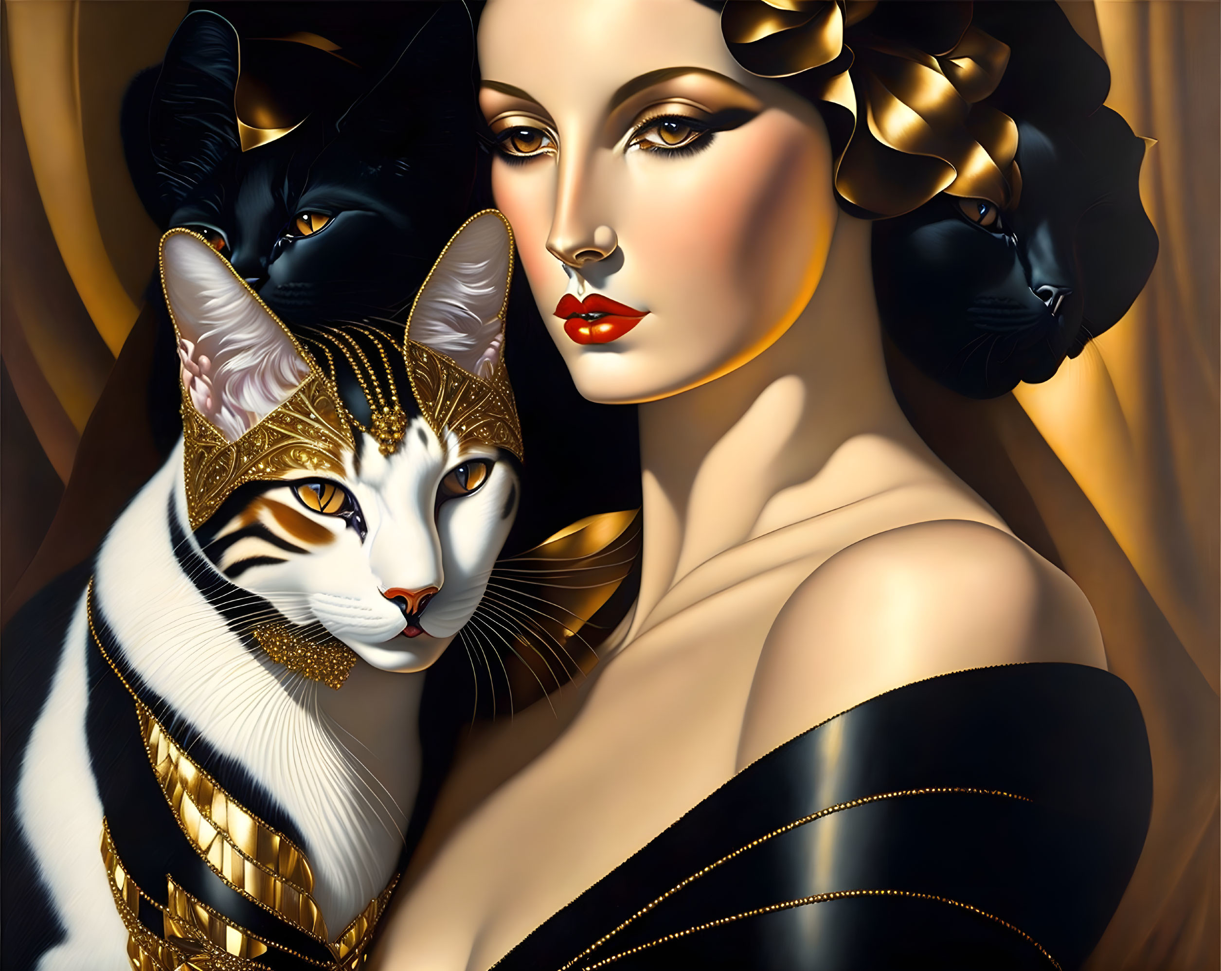 Stylized portrait of woman and cats with golden accessories on warm abstract background