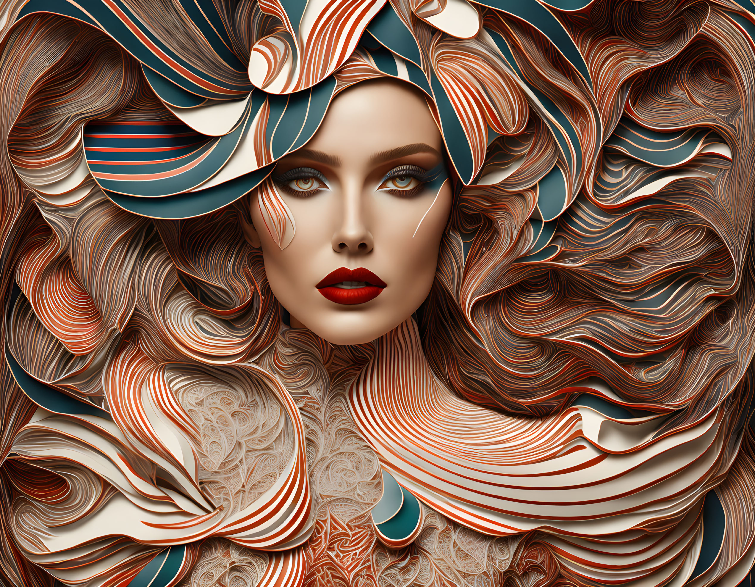Abstract Woman Portrait with Flowing Hair and Ribbon-like Shapes in Brown, Cream, and Red Palette