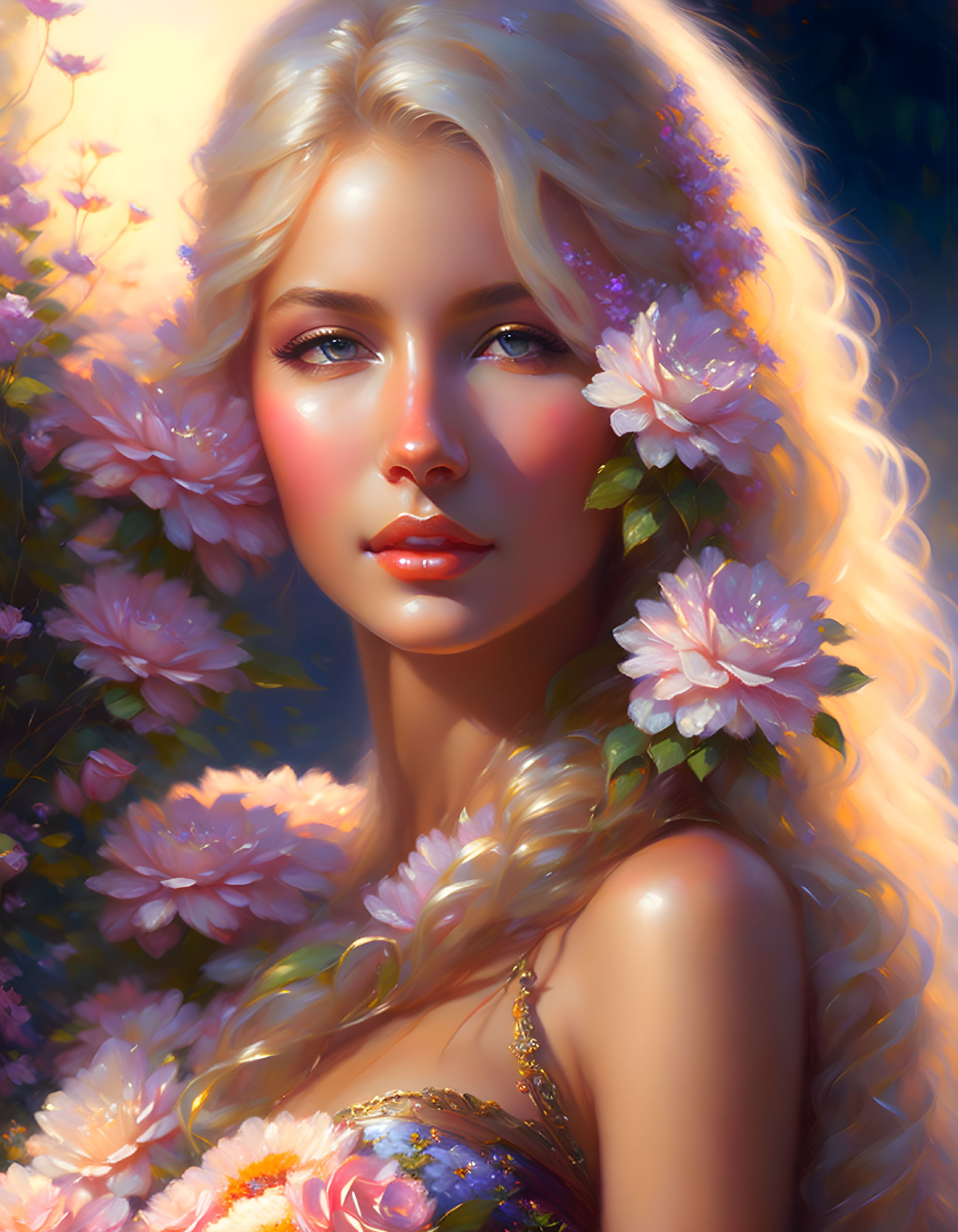 Blonde woman portrait with pink flowers under warm sunlight