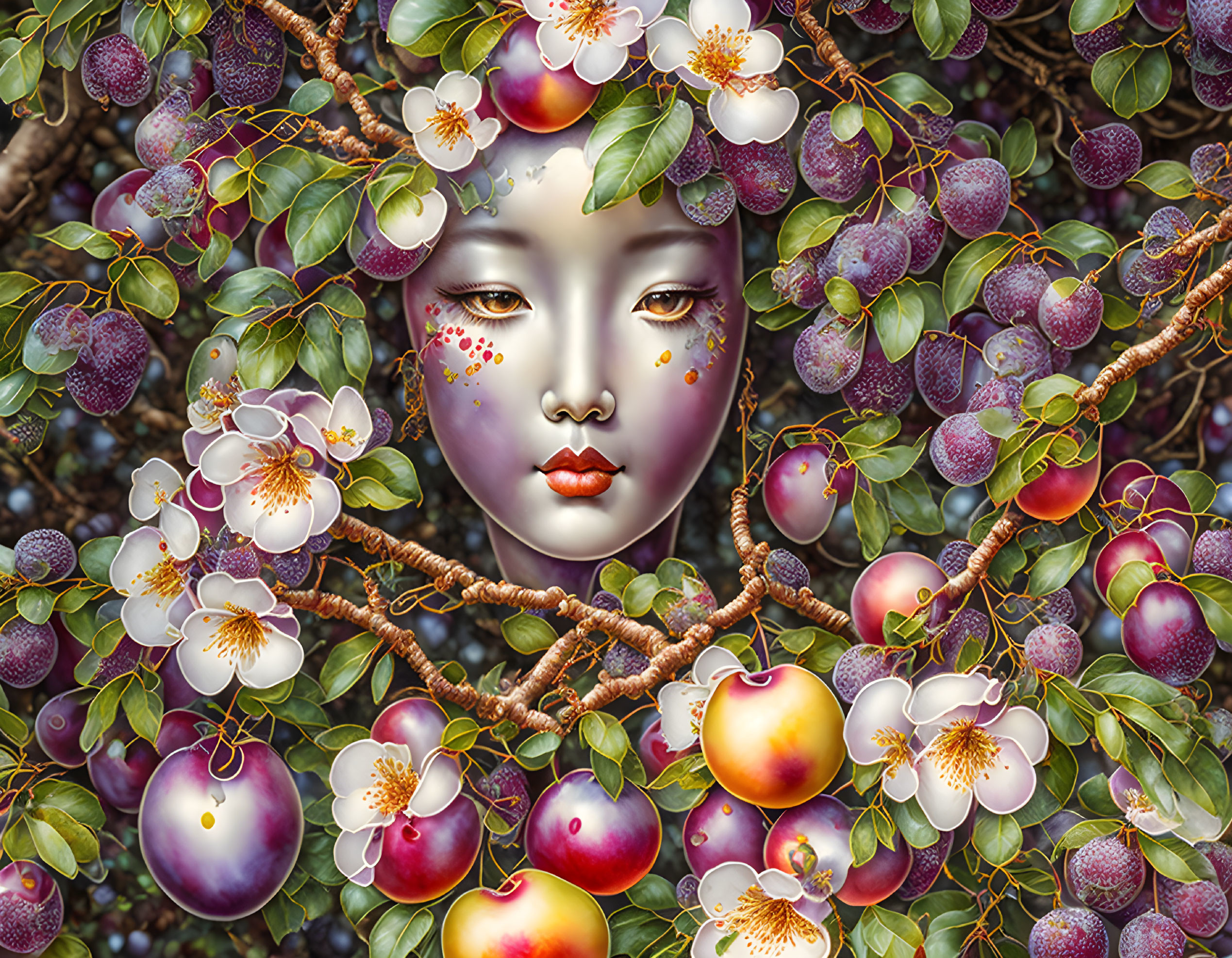 Surreal portrait: Woman's face merges with ripe plums and blooming flowers