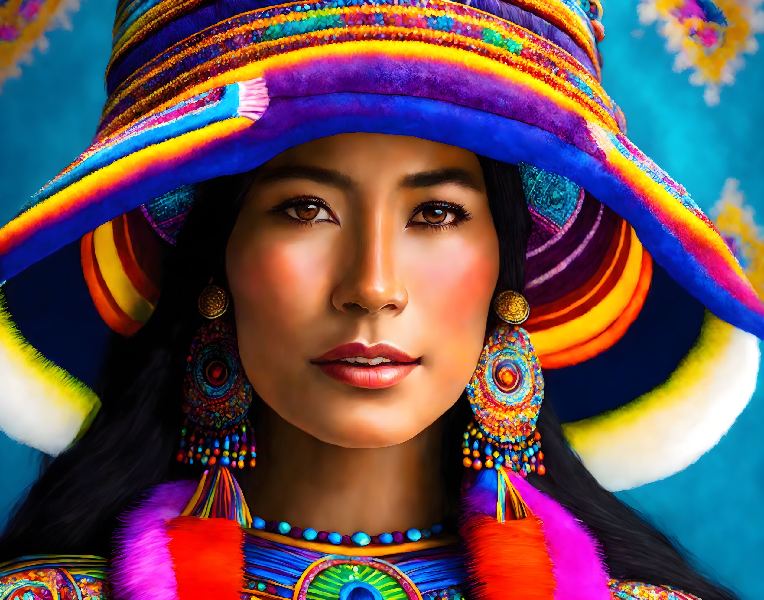 Striking Woman in Colorful Traditional Hat and Earrings on Blue Background