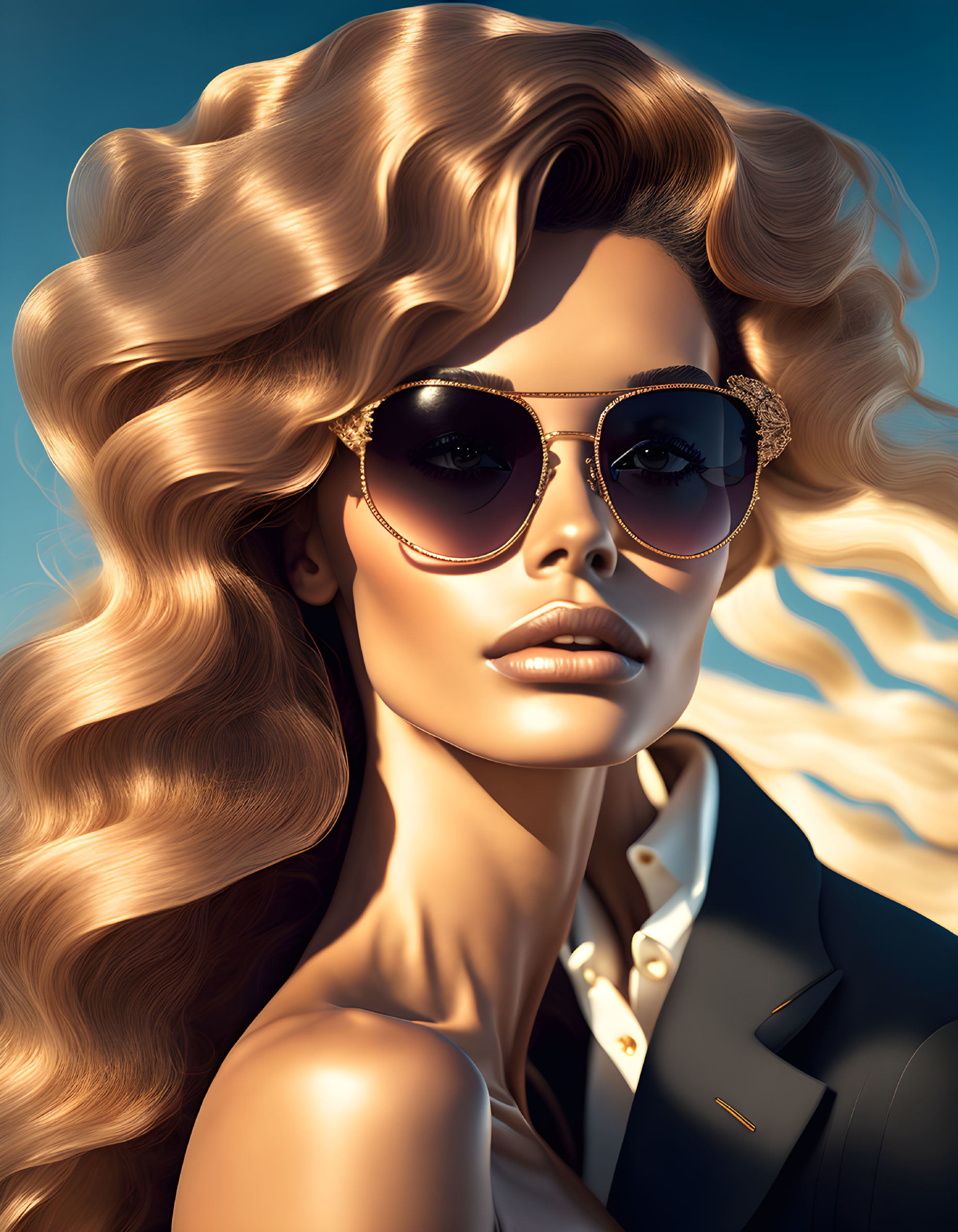 Blond-Haired Woman in Sunglasses on Blue Background