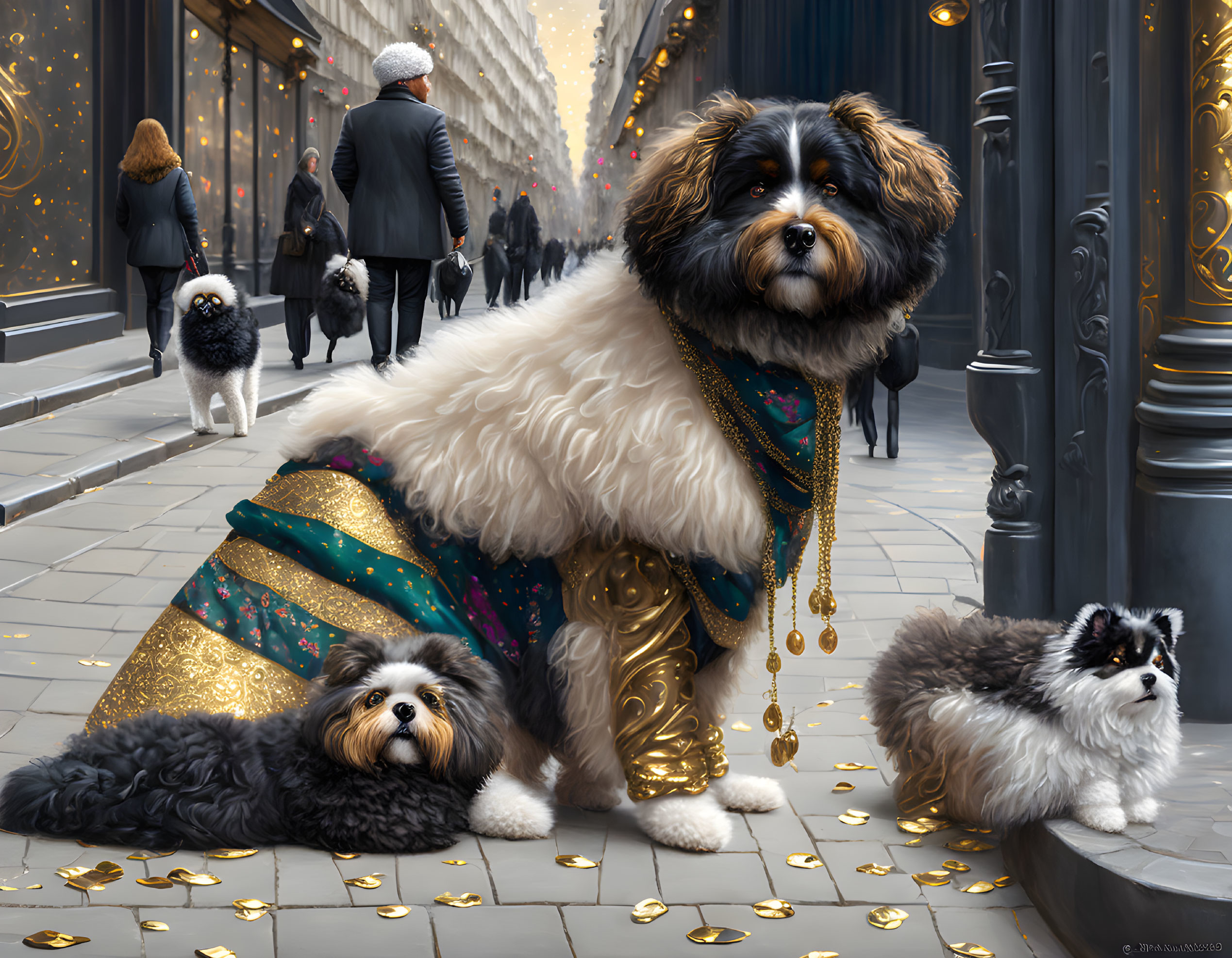 Colorful Dogs in City Scene with Confetti