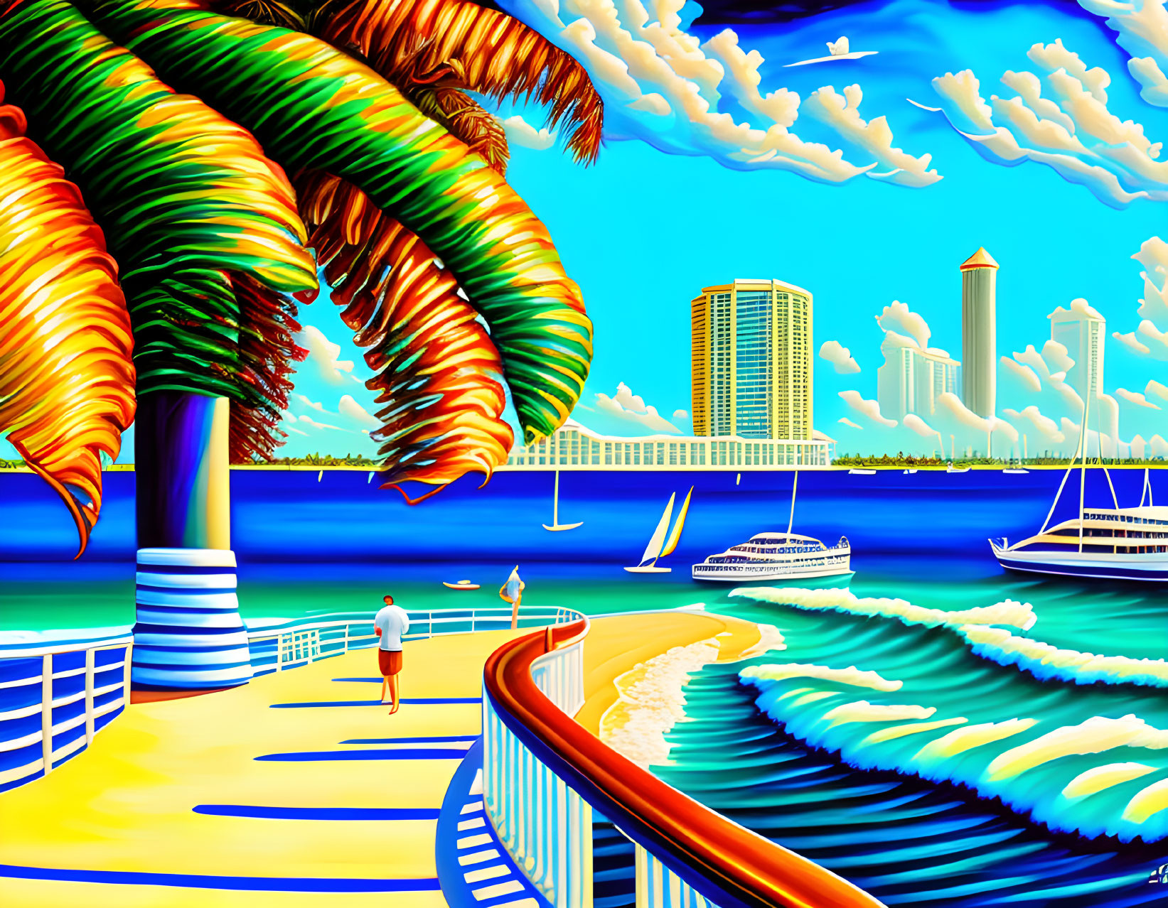 Colorful seaside scene with person on pier, palm trees, boats, and skyscrapers under blue