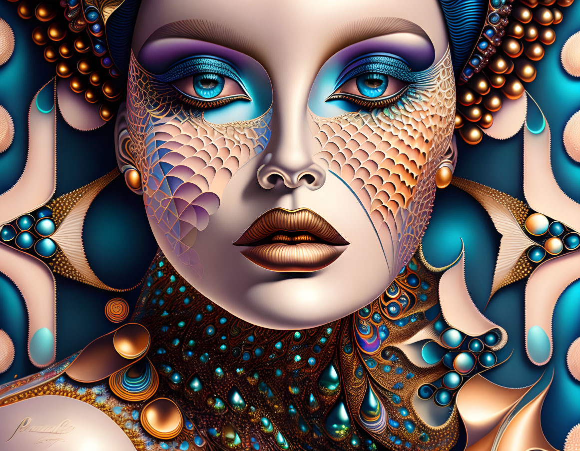 Intricate digital artwork of woman with blue eyes and ornate textures