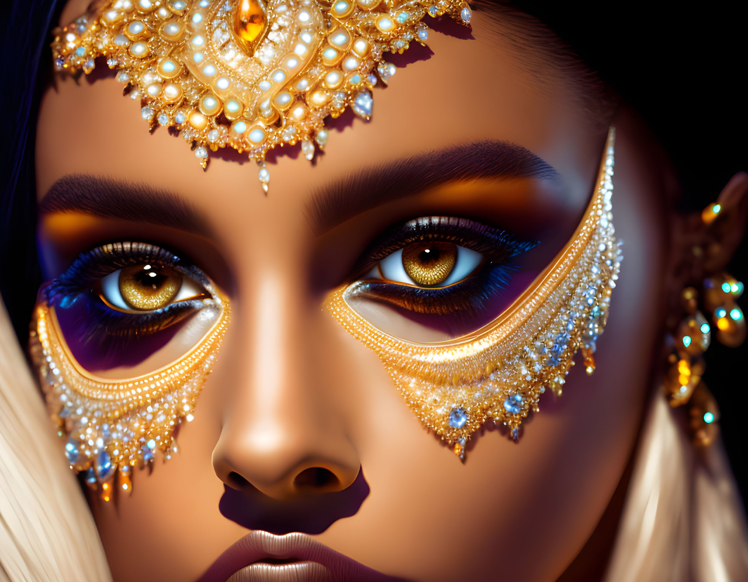 Elaborate Golden Eye Makeup and Jewelry on Person's Face