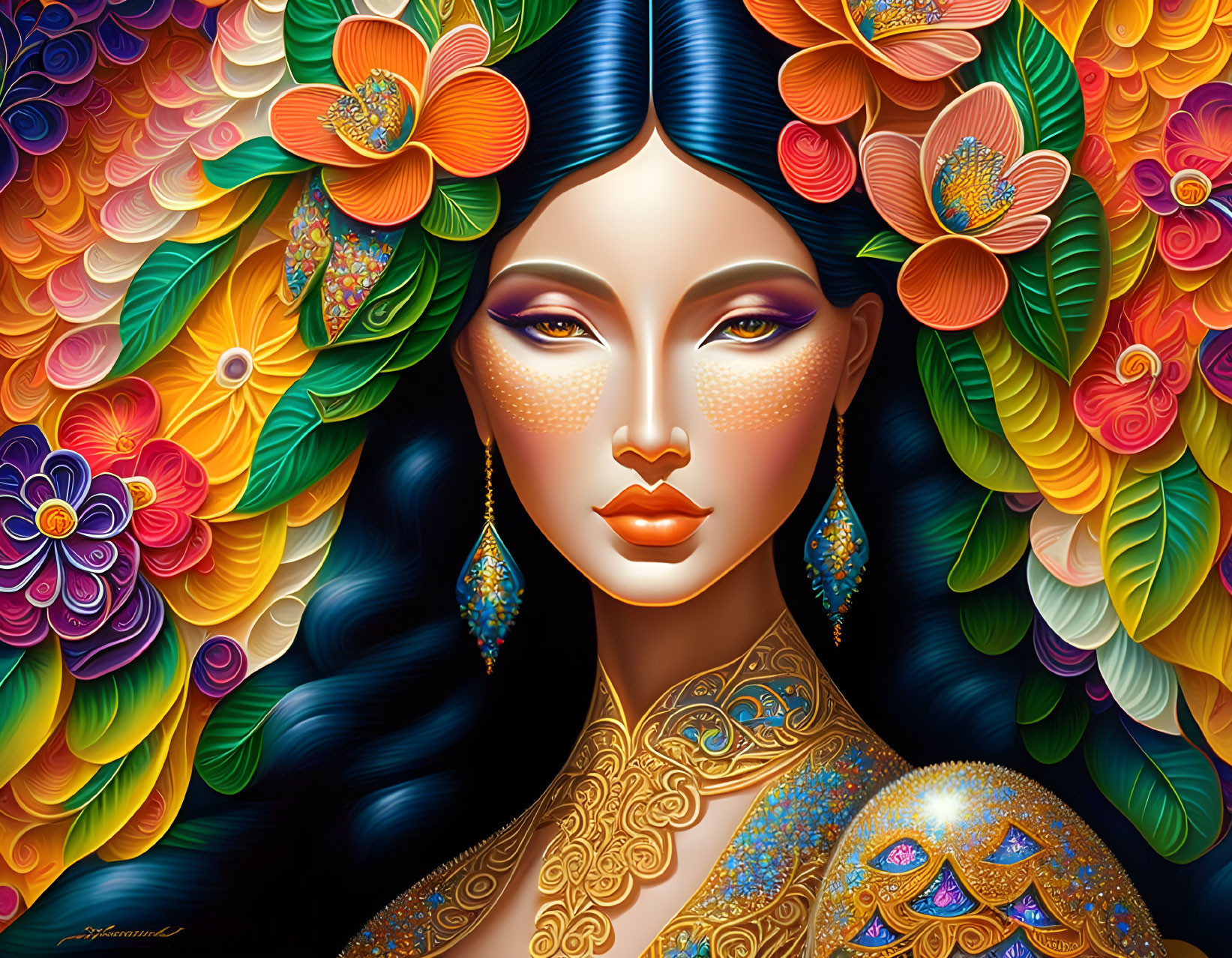 Colorful Digital Artwork: Stylized Woman with Golden Skin and Floral Decorations