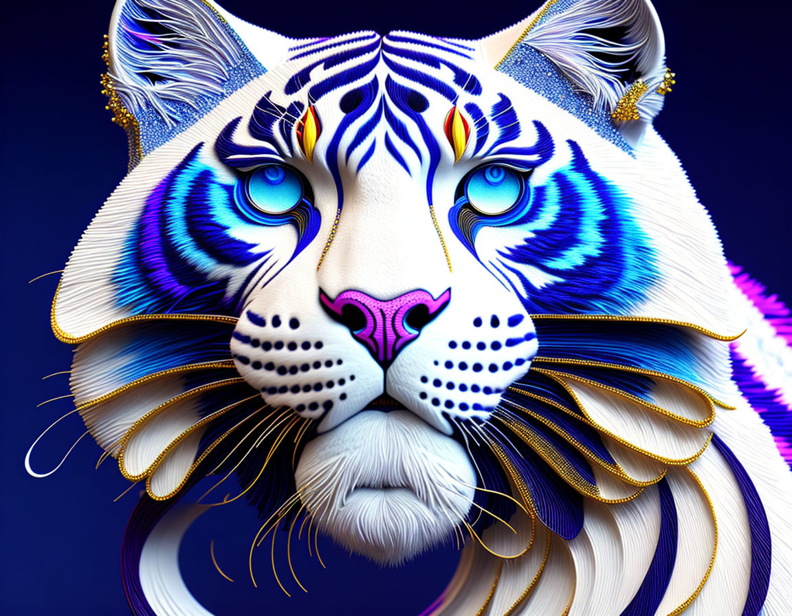 Stylized white tiger digital art with blue stripes and golden adornments