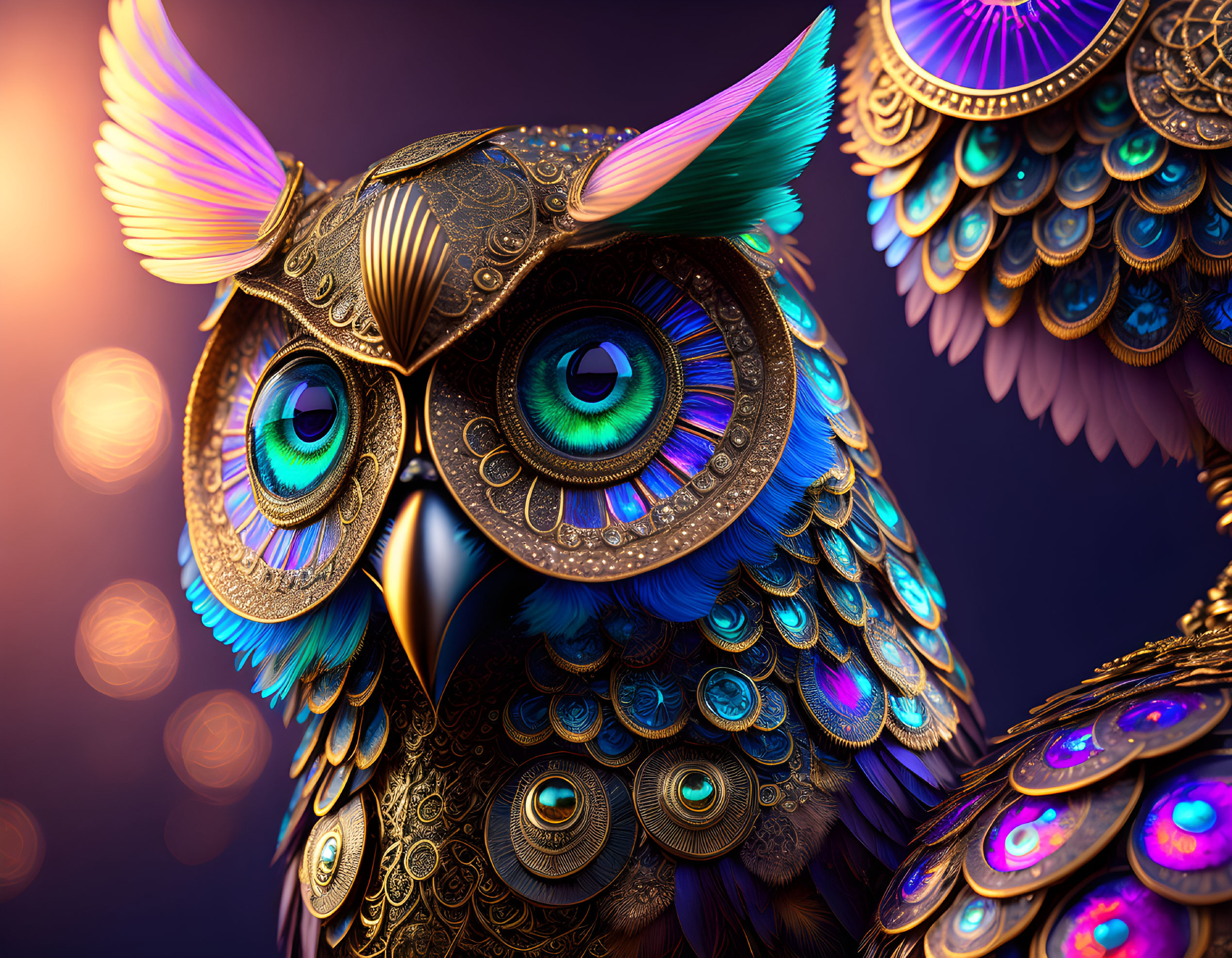 Colorful Stylized Owl Artwork with Golden Patterns and Iridescent Feathers