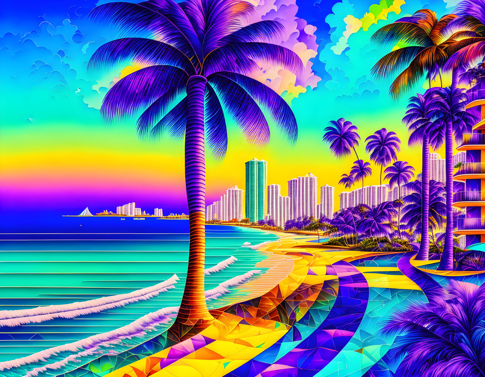 Colorful Tropical Beach Illustration with Palm Trees and Sunset Sky