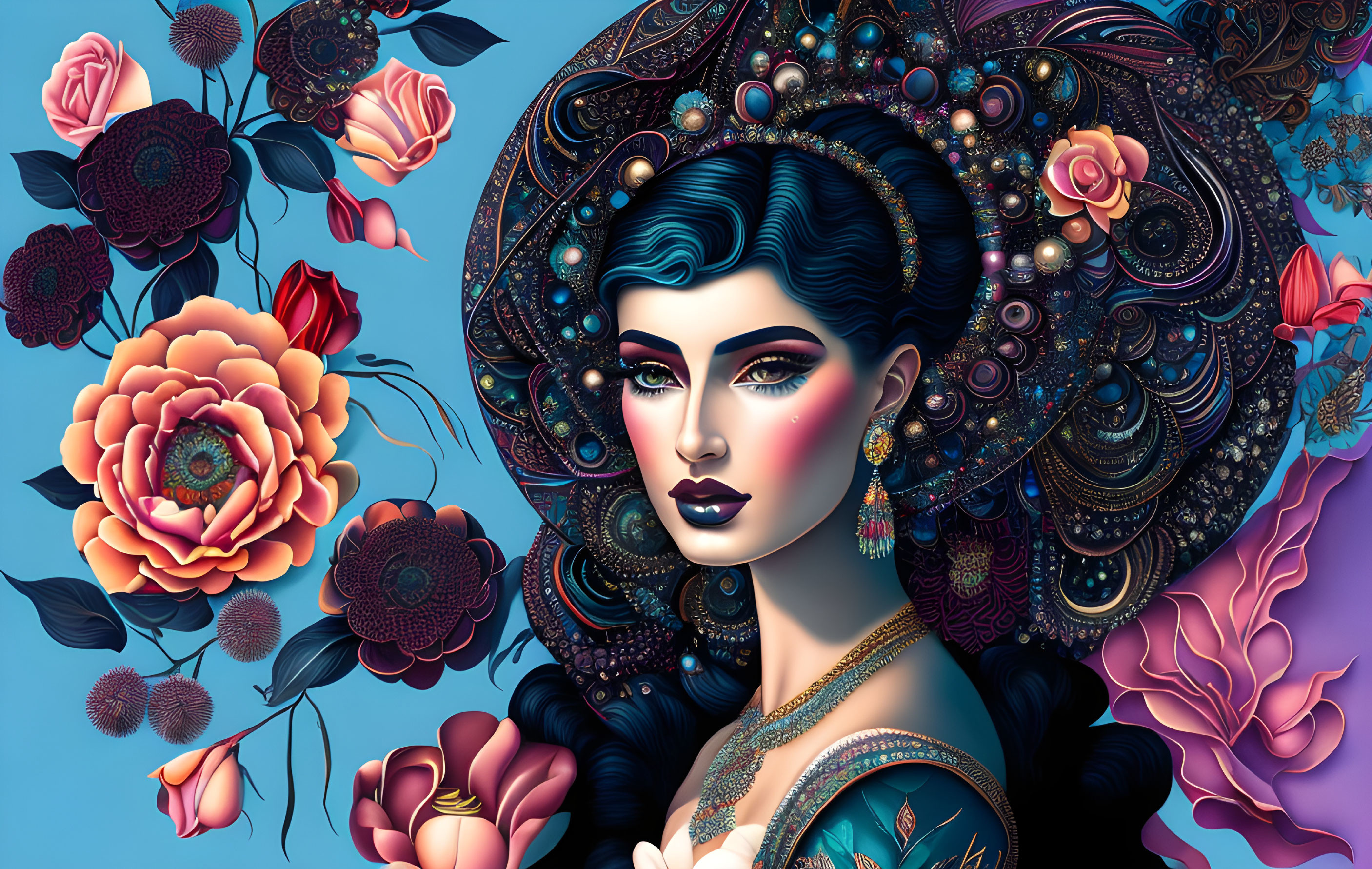 Illustrated woman with gem-adorned headdress in vibrant floral setting