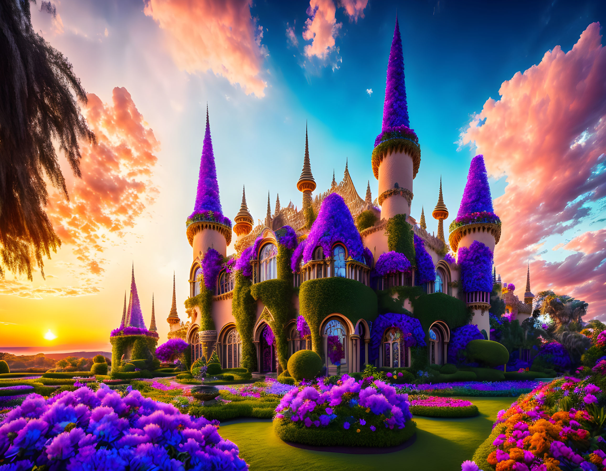 Whimsical castle with purple spires in lush garden at sunset