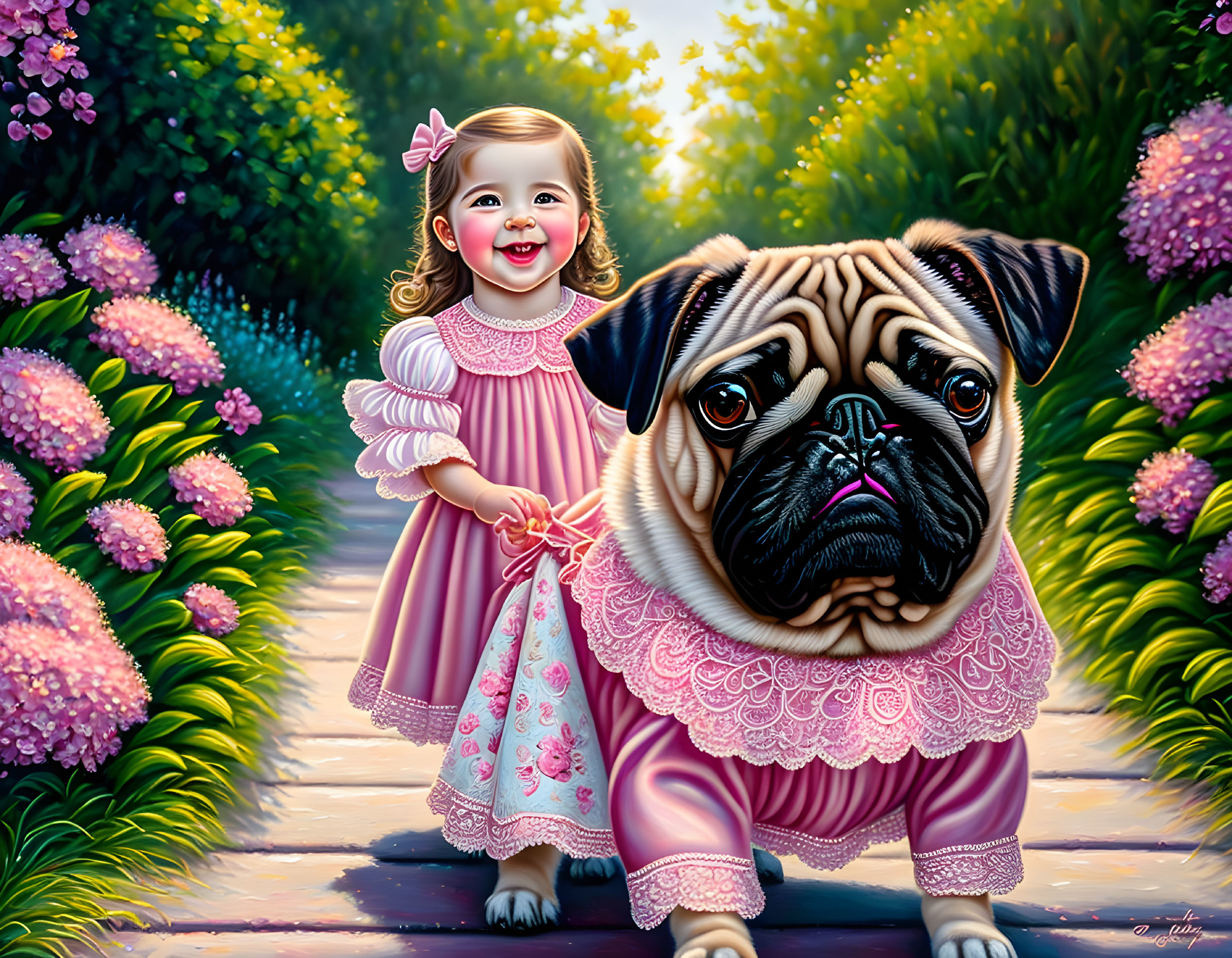 Young girl in pink dress walks pug in matching attire through lush garden path