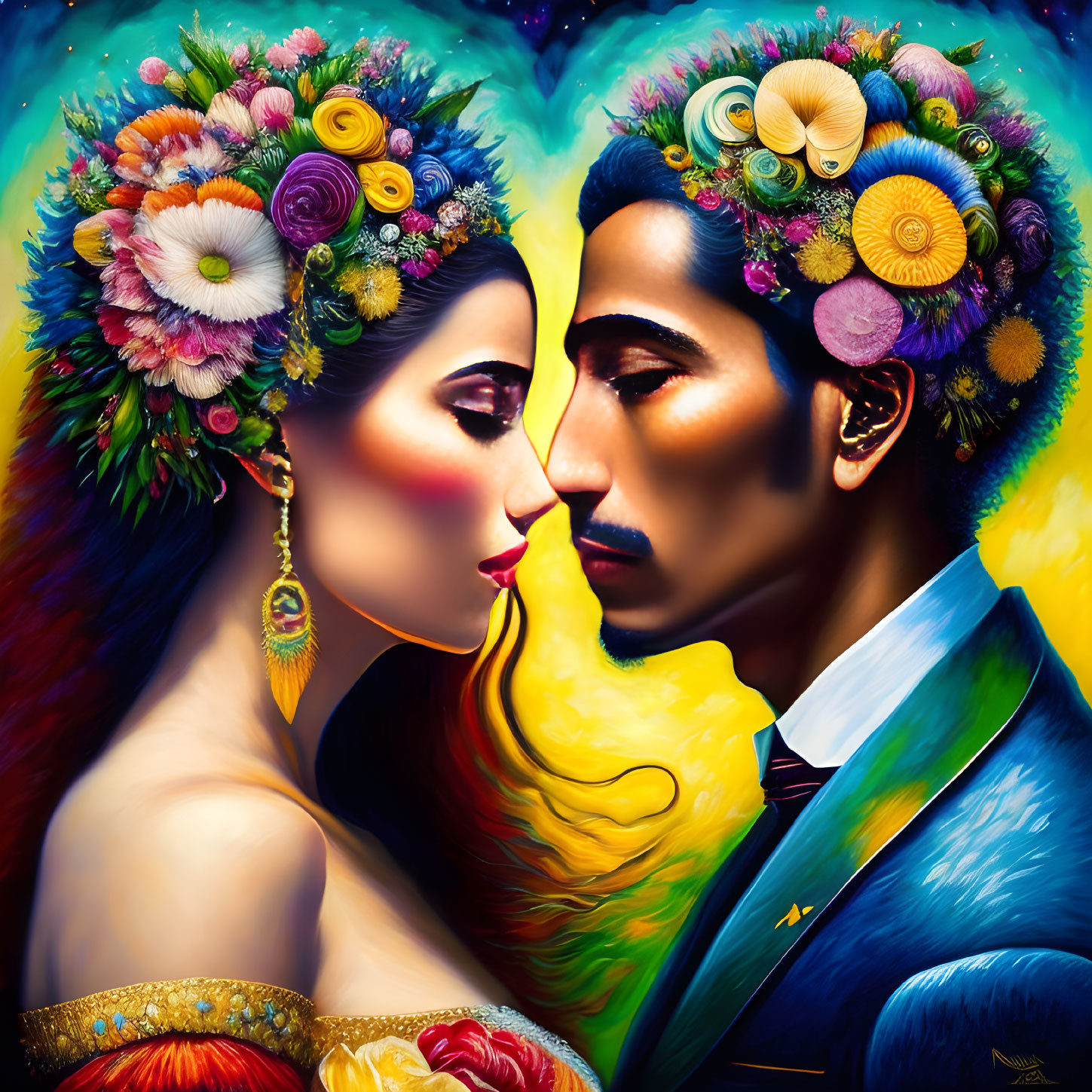 Man and woman with colorful floral hair profiles about to kiss