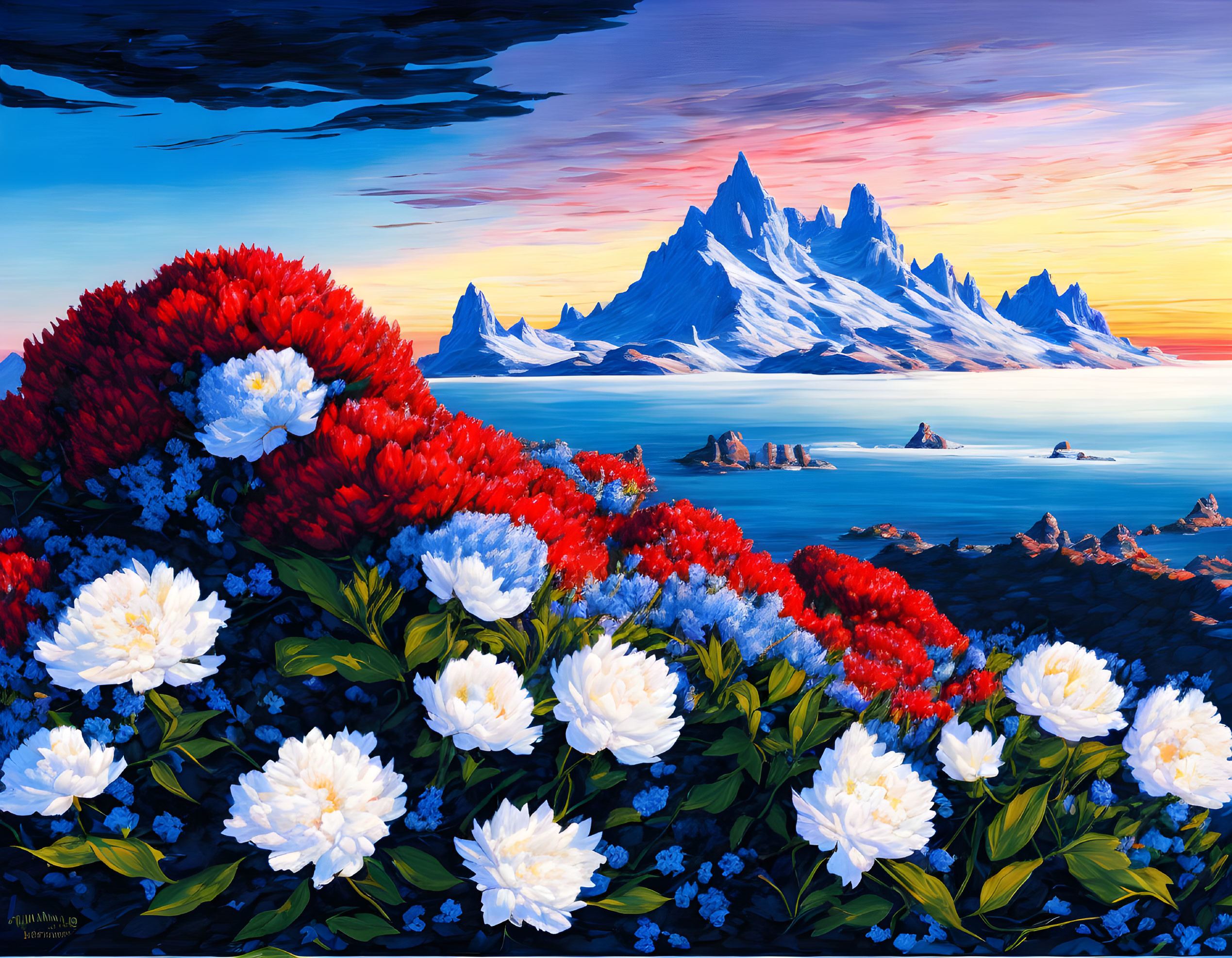 Colorful painting: White and red flowers with snow-capped mountains and sunset sky