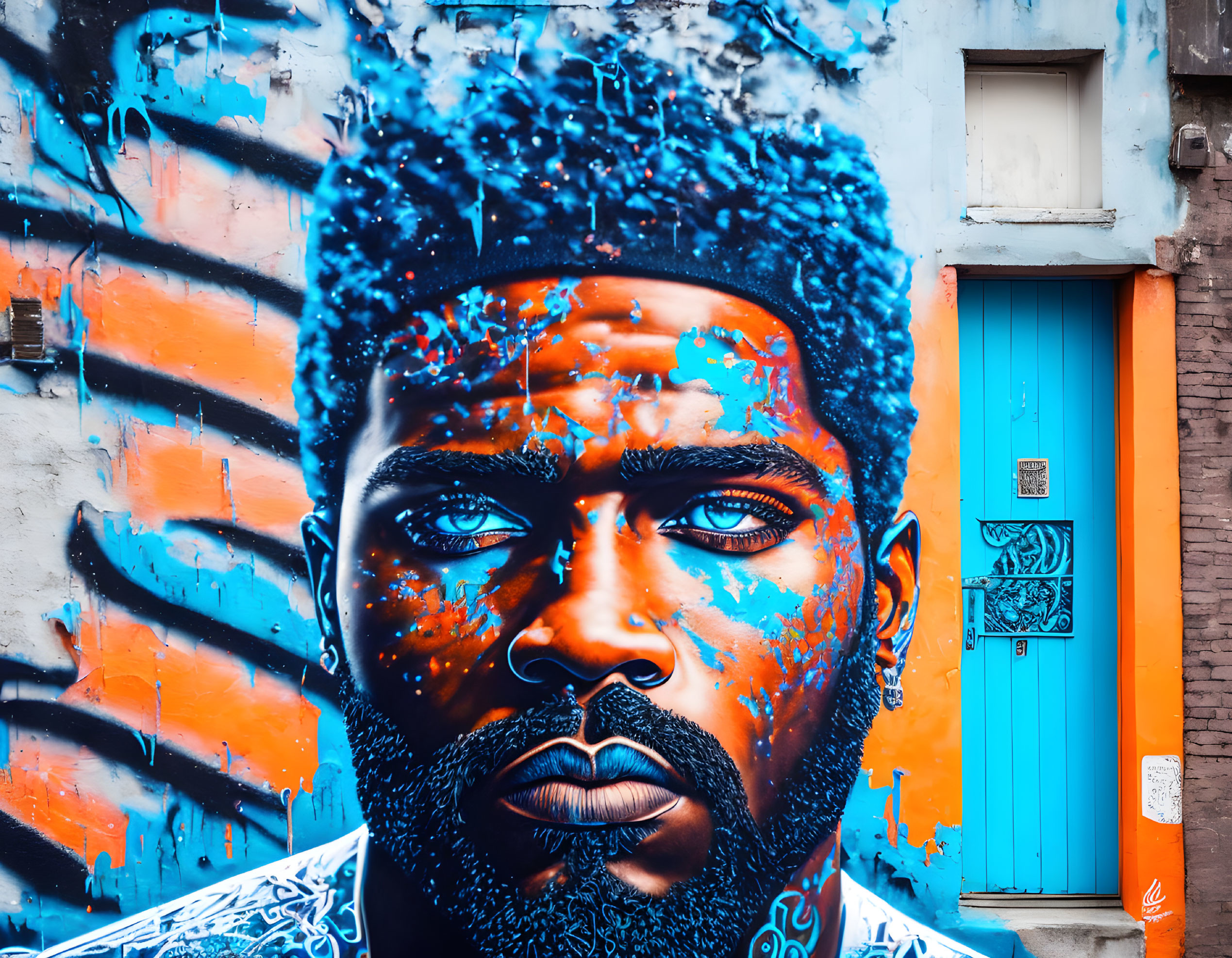 Colorful street art mural featuring expressive man's face on graffiti-covered wall.