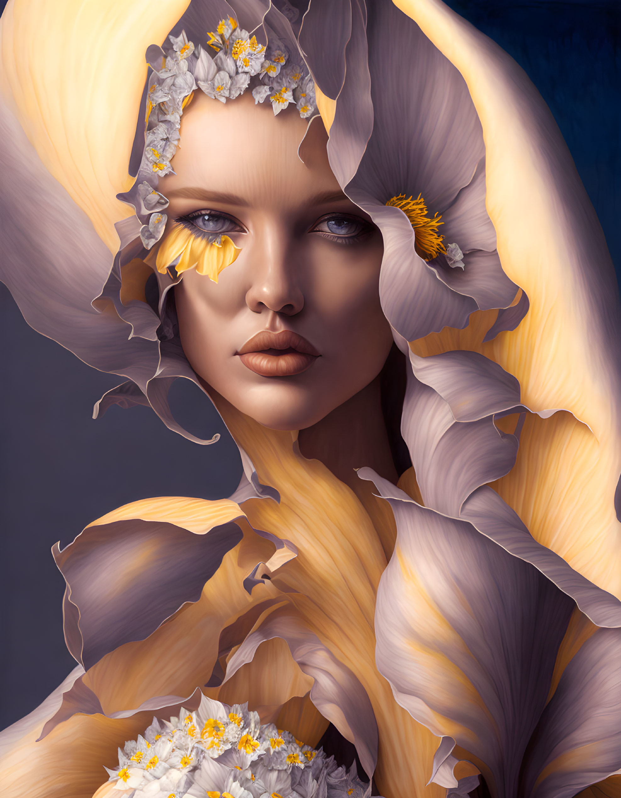 Digital art portrait featuring woman with floral elements and yellow petals.