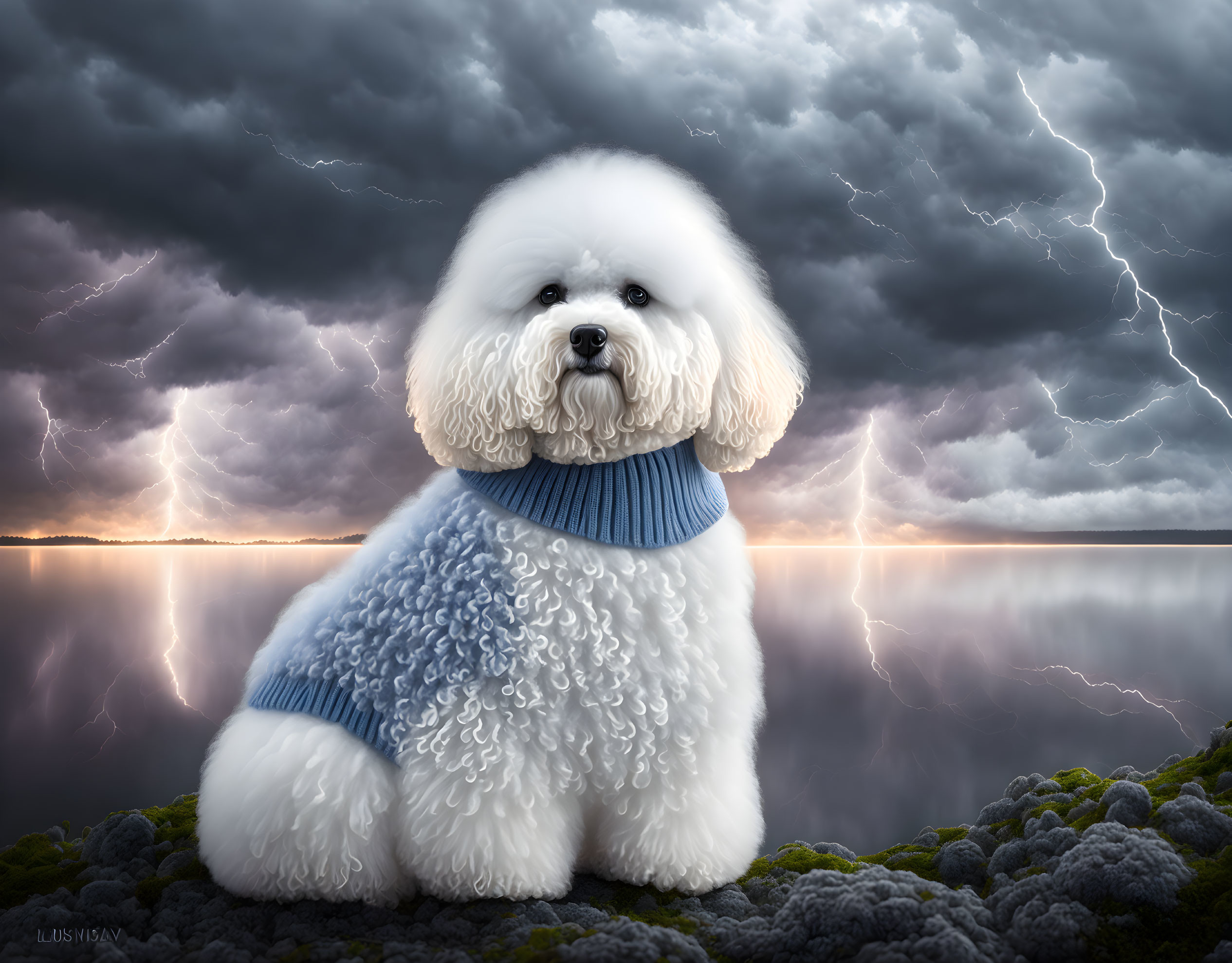 Fluffy White Dog with Blue Collar Against Stormy Sky