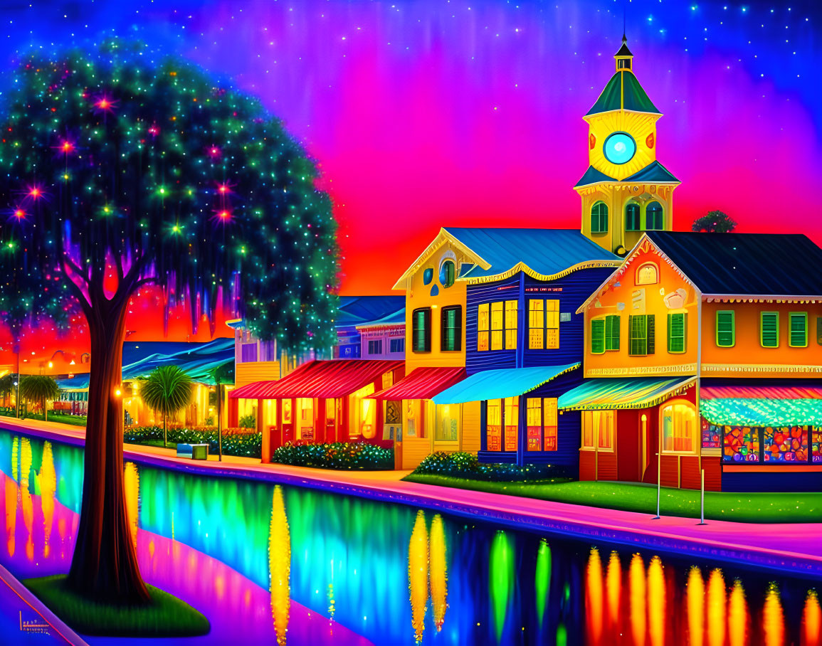 Vibrant street scene at dusk with clock tower and starlit sky