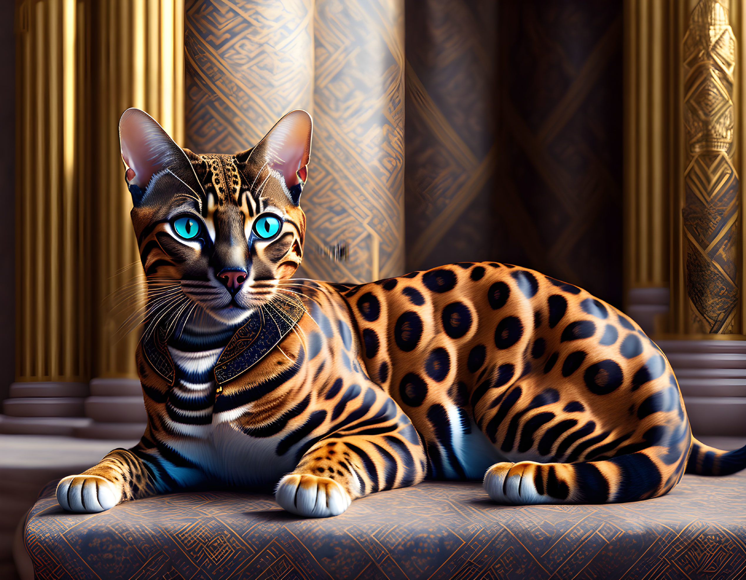 Bengal Cat with Blue Eyes and Golden Collar in Ornate Palace