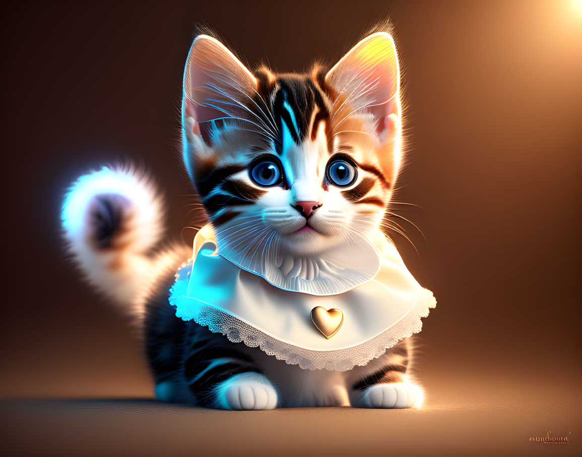 Fluffy tabby kitten with blue eyes and lace collar portrait.
