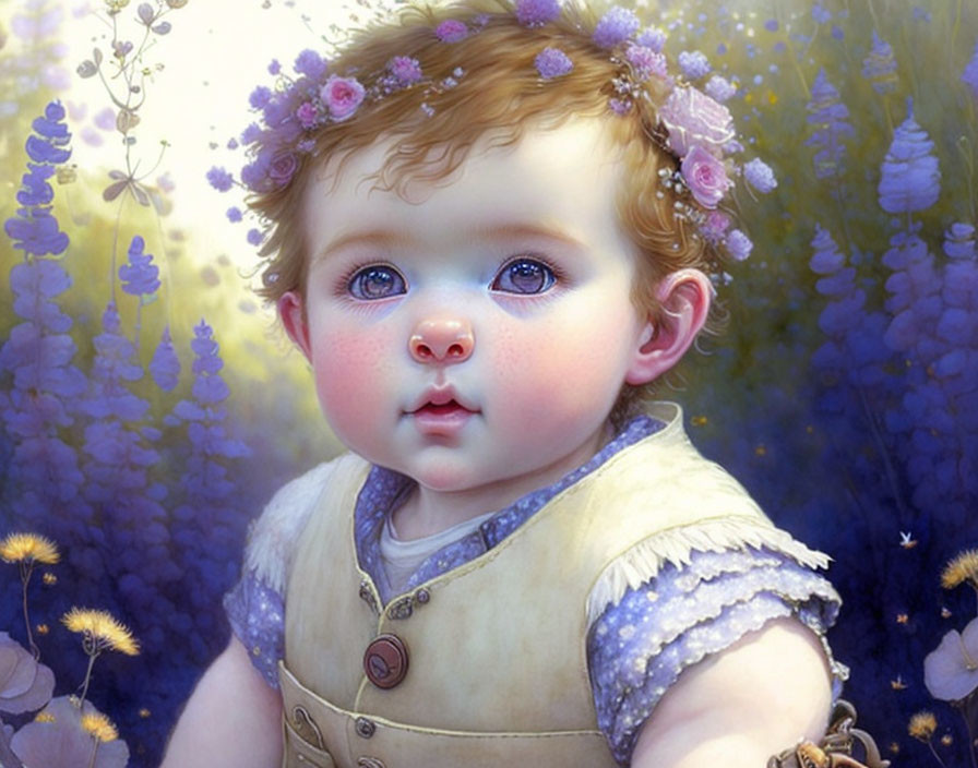 Baby with Blue Eyes and Floral Wreath in Purple Flower Field