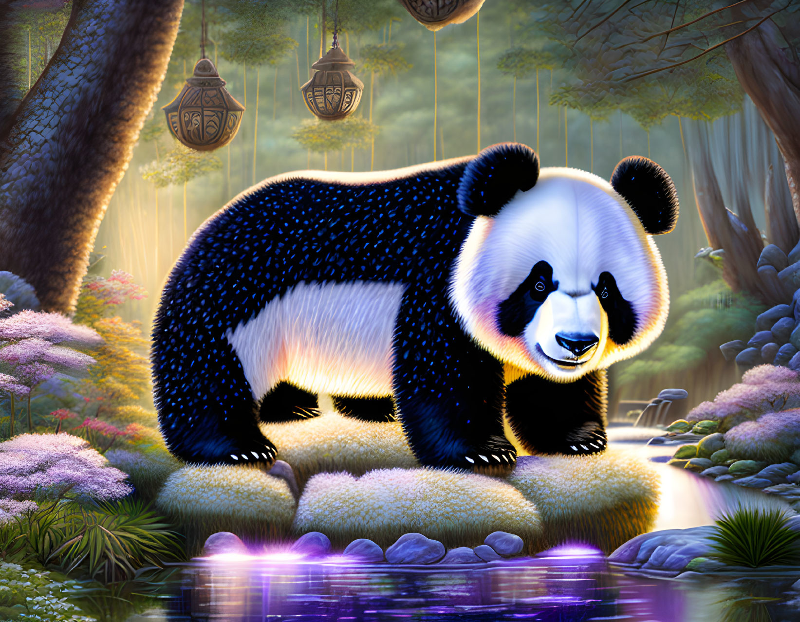 Colorful Digital Artwork: Glowing Panda in Mystical Forest