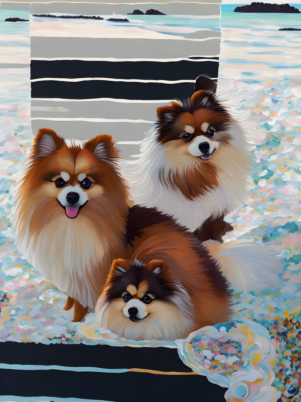 Fluffy Pomeranian Dogs on Colorful Beach with Towel and Clamshell