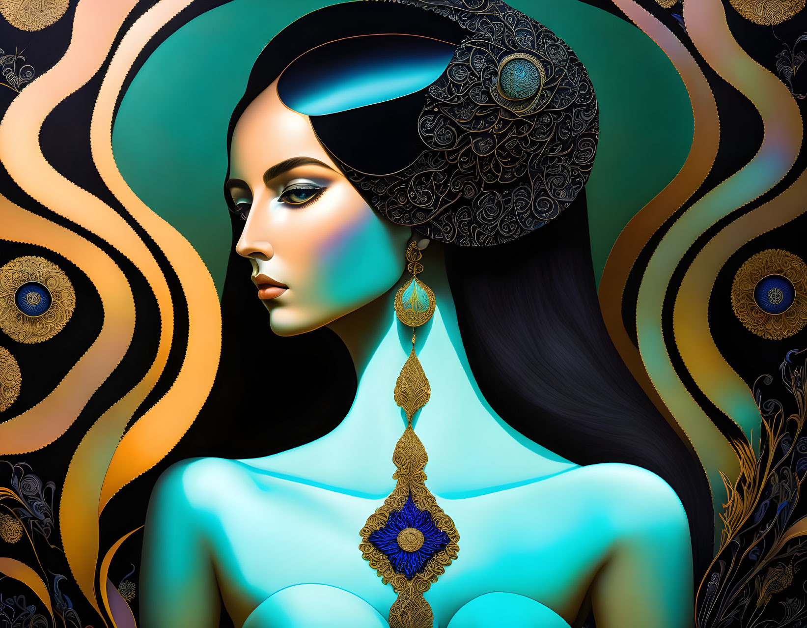 Colorful digital artwork featuring a woman with stylized hat and intricate patterns