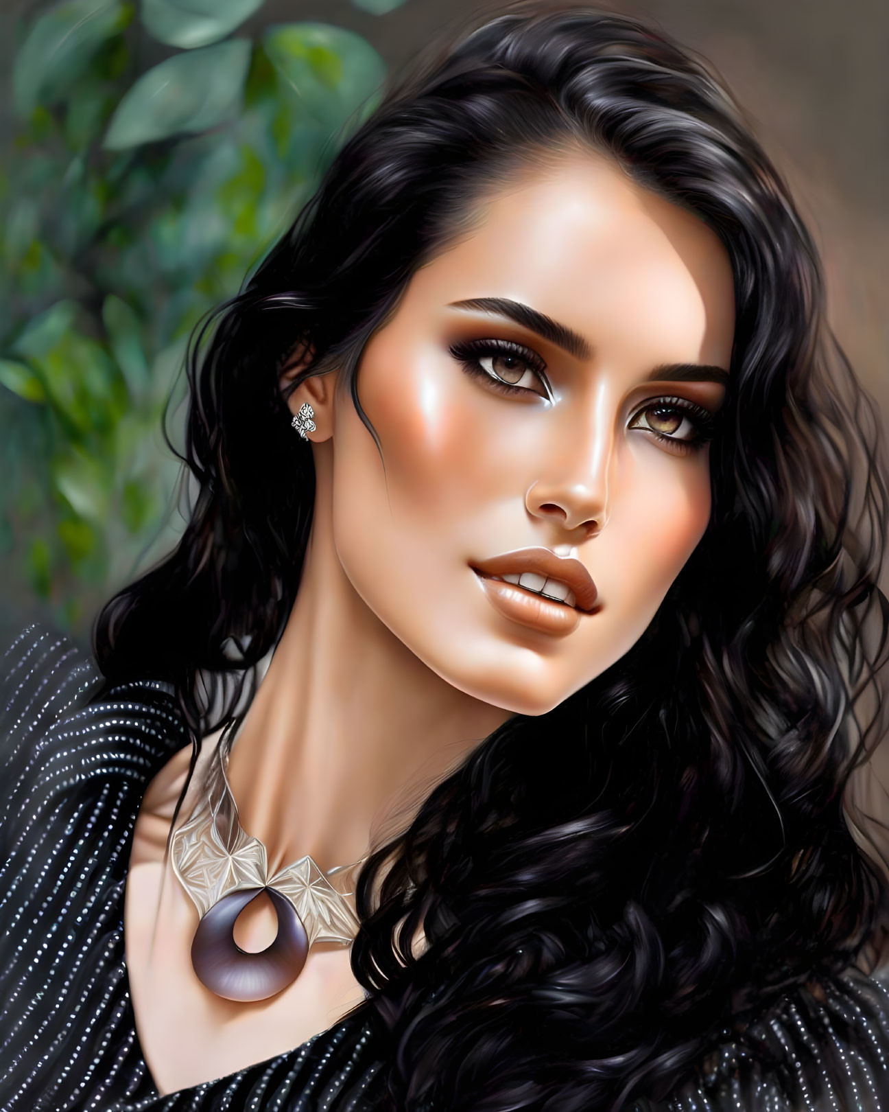 Woman with Long, Wavy Black Hair and Dramatic Eye Makeup