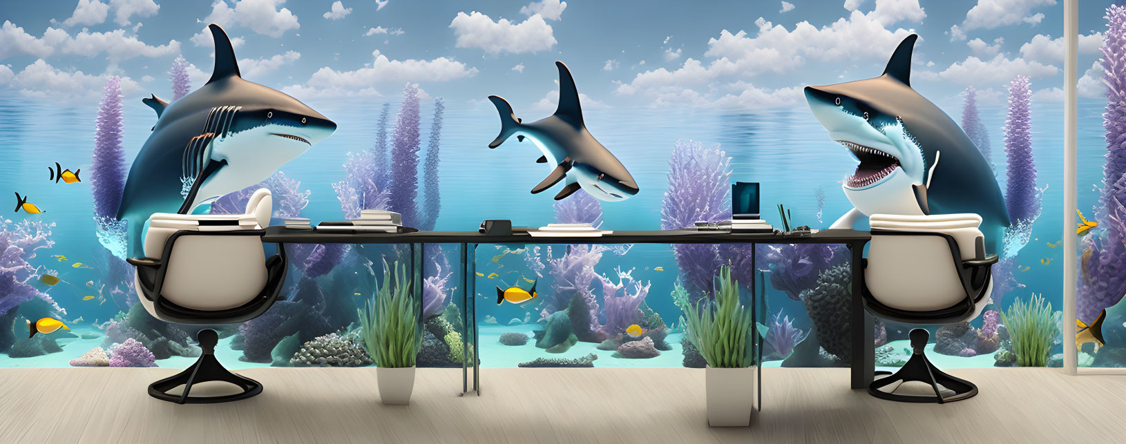 Cartoon sharks in underwater office with computers