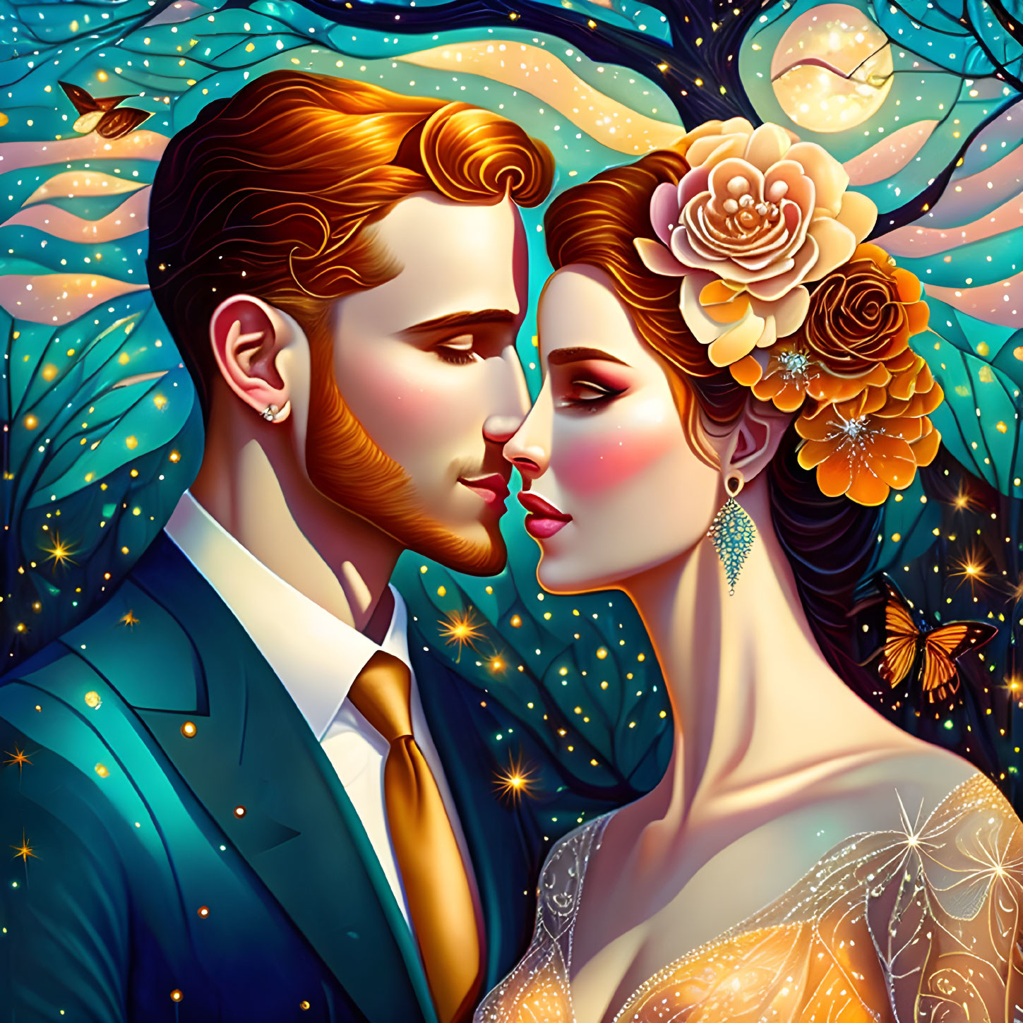 Illustrated formal couple in fantasy setting with warm colors and floral motifs