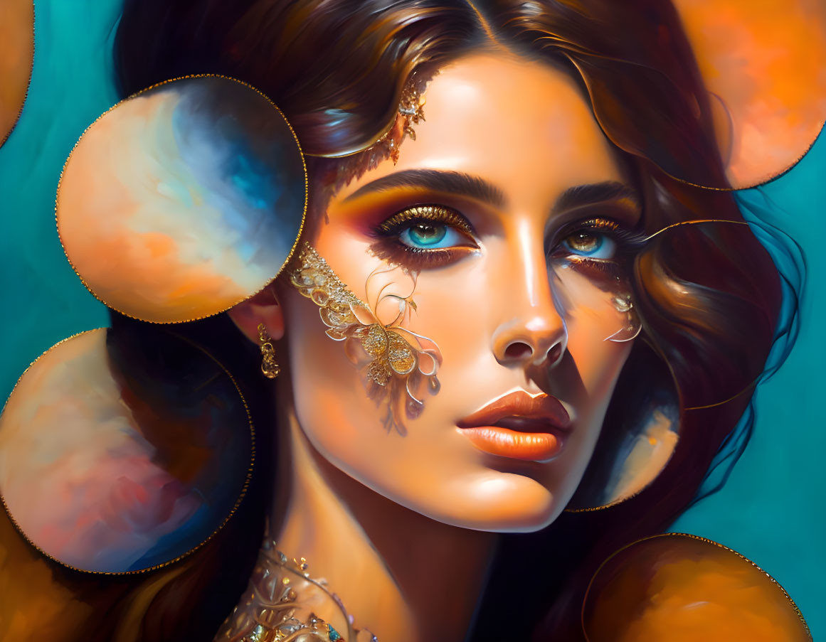 Stylized portrait of a woman with blue eyes and golden jewelry