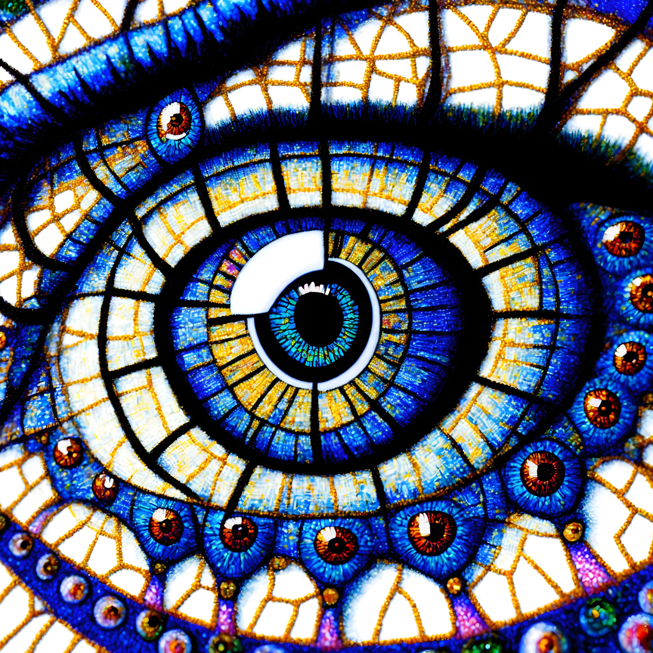 Colorful digital eye artwork with intricate kaleidoscopic patterns in blue, gold, and black