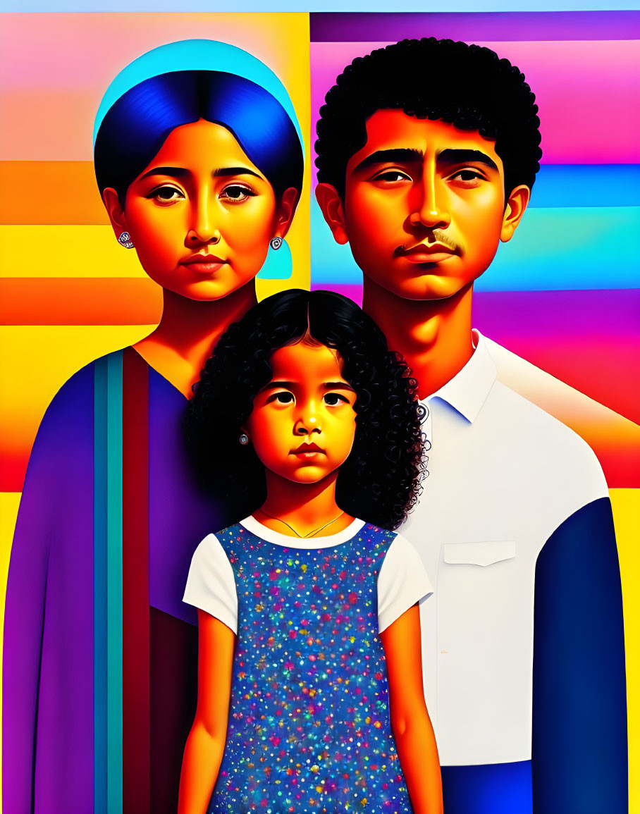 Vibrant Stylized Family Portrait on Rainbow Striped Background