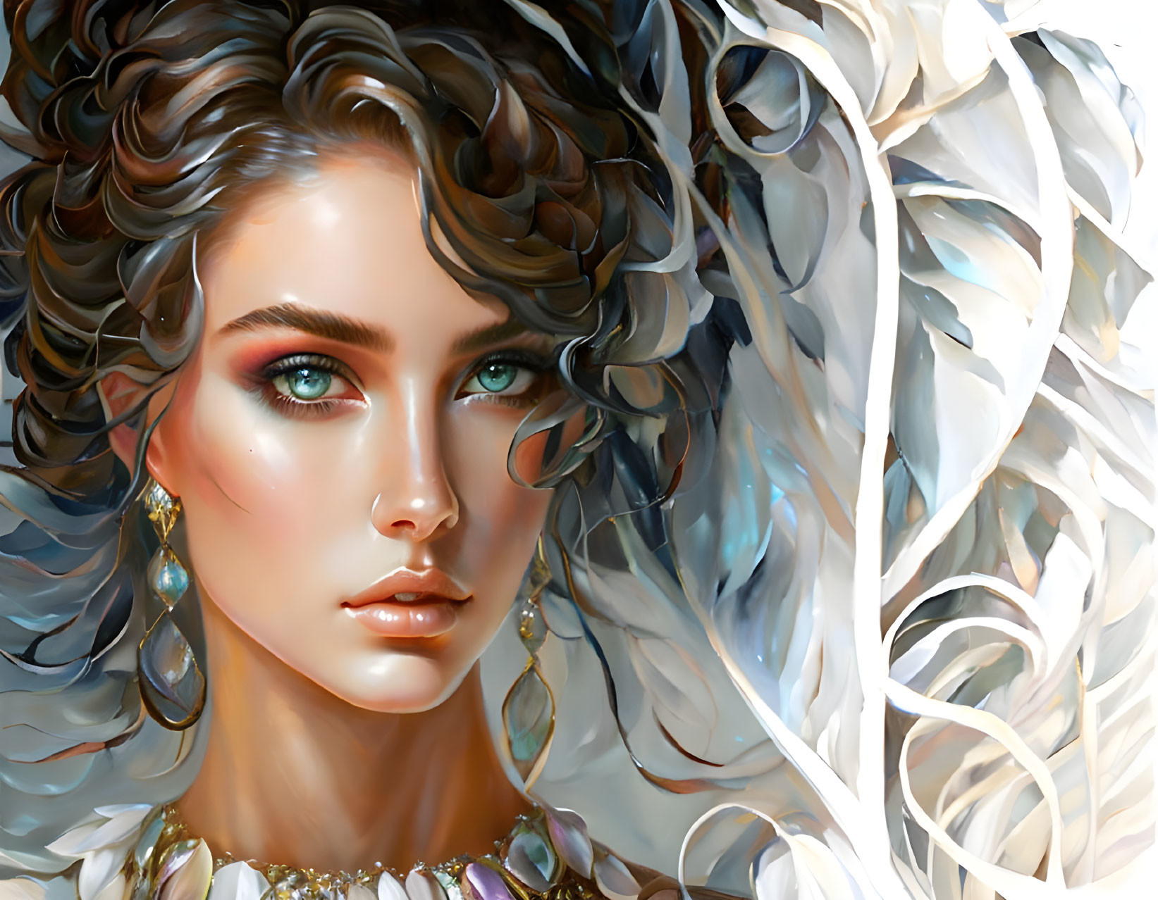 Digital painting of woman with teal eyes, curly hair, ornate jewelry, and abstract white patterns