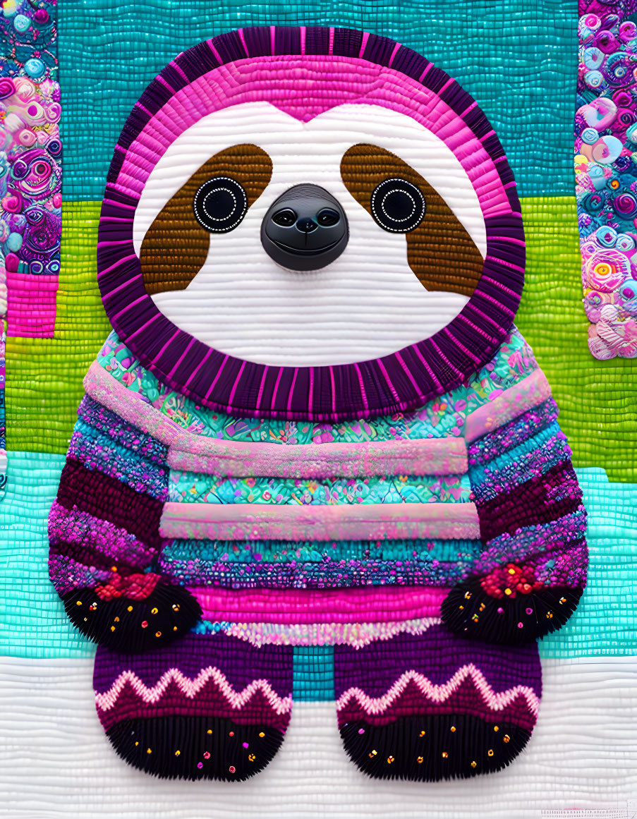 Vibrant digital art of a stylized sloth with quilt-like patterns