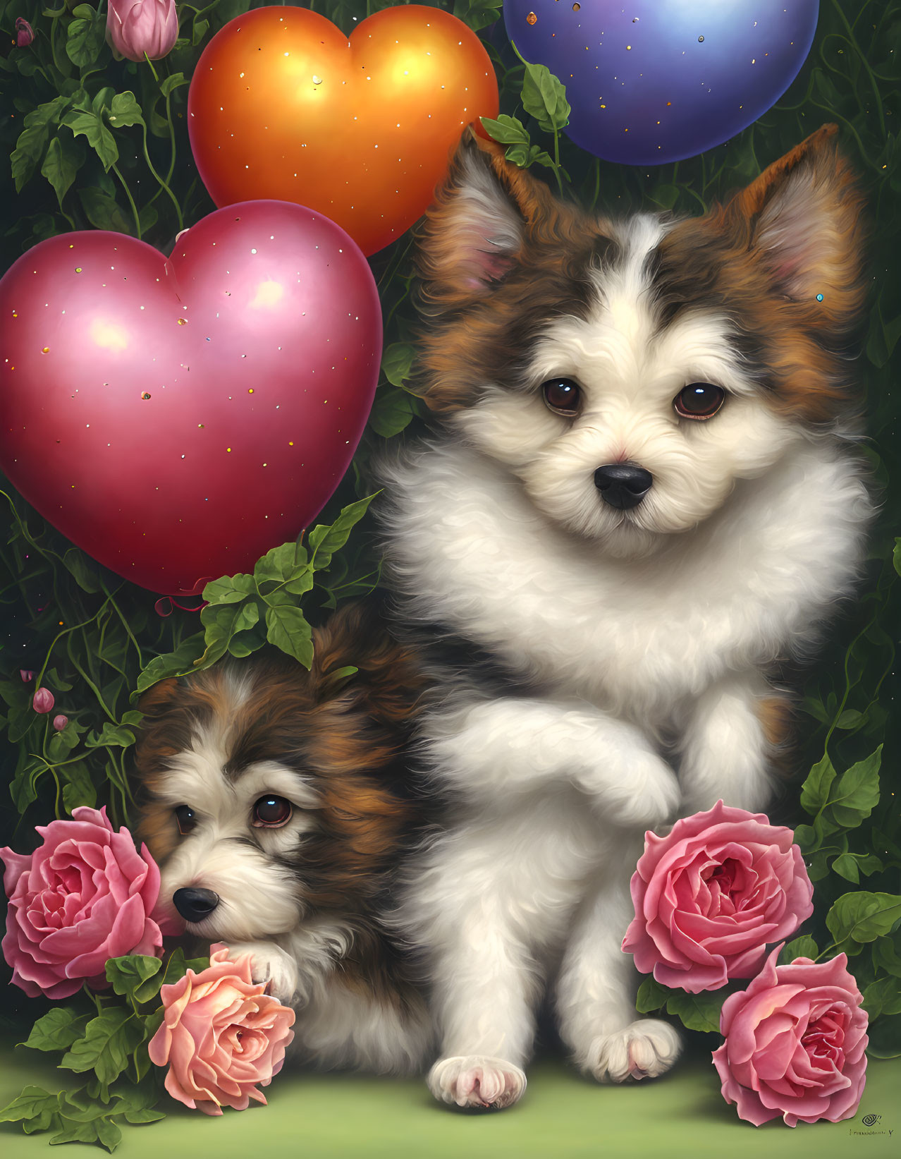 Two Cute Puppies with Pink Roses and Floating Hearts on Green Background