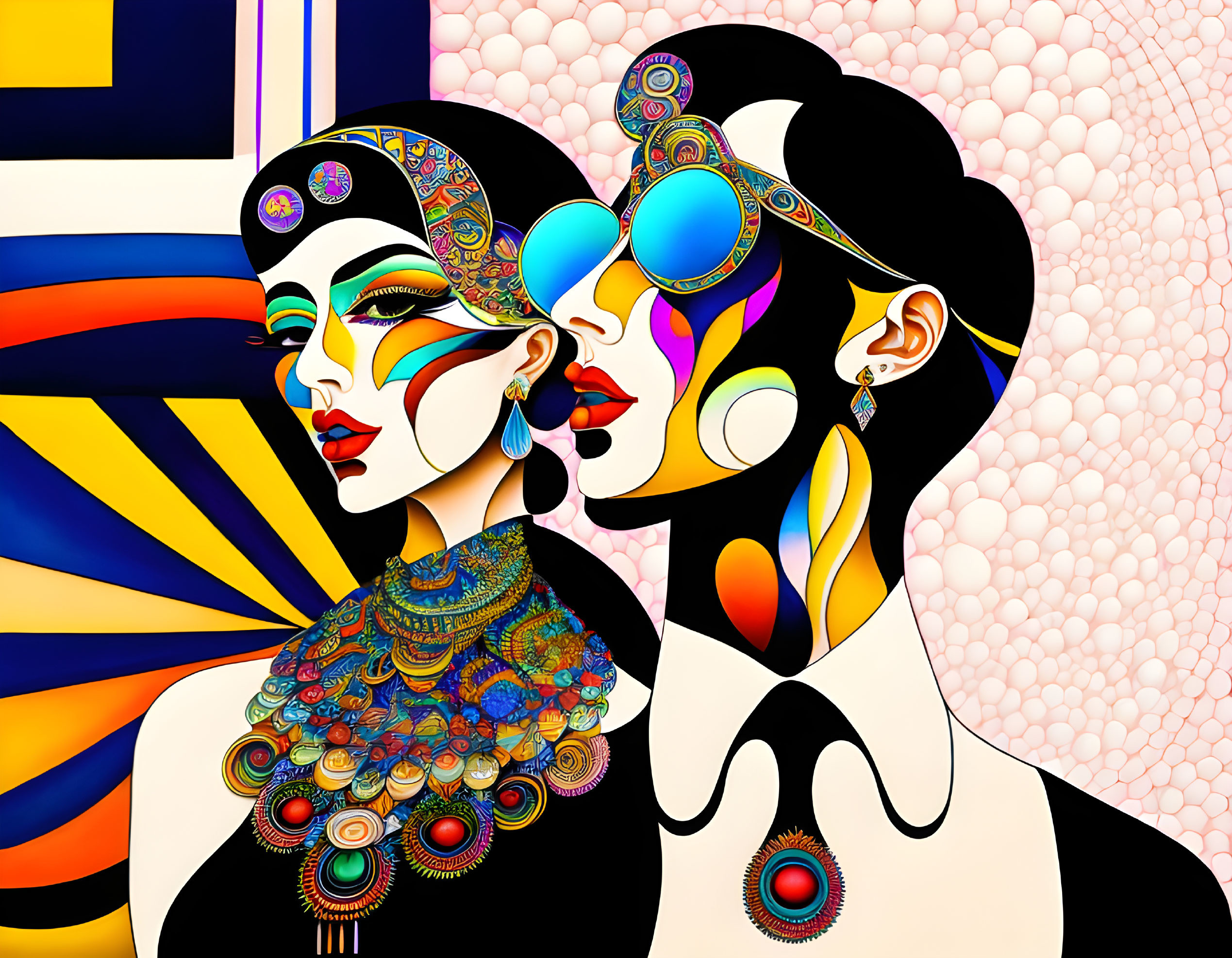 Vibrant digital art: Two women in profile with ornamental designs on geometric backdrop