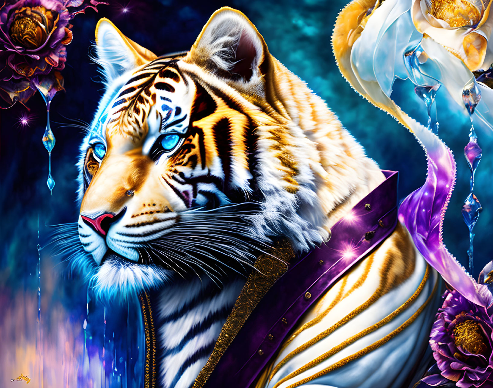 Colorful Tiger Artwork with Royal Purple Cloak and Floral Background