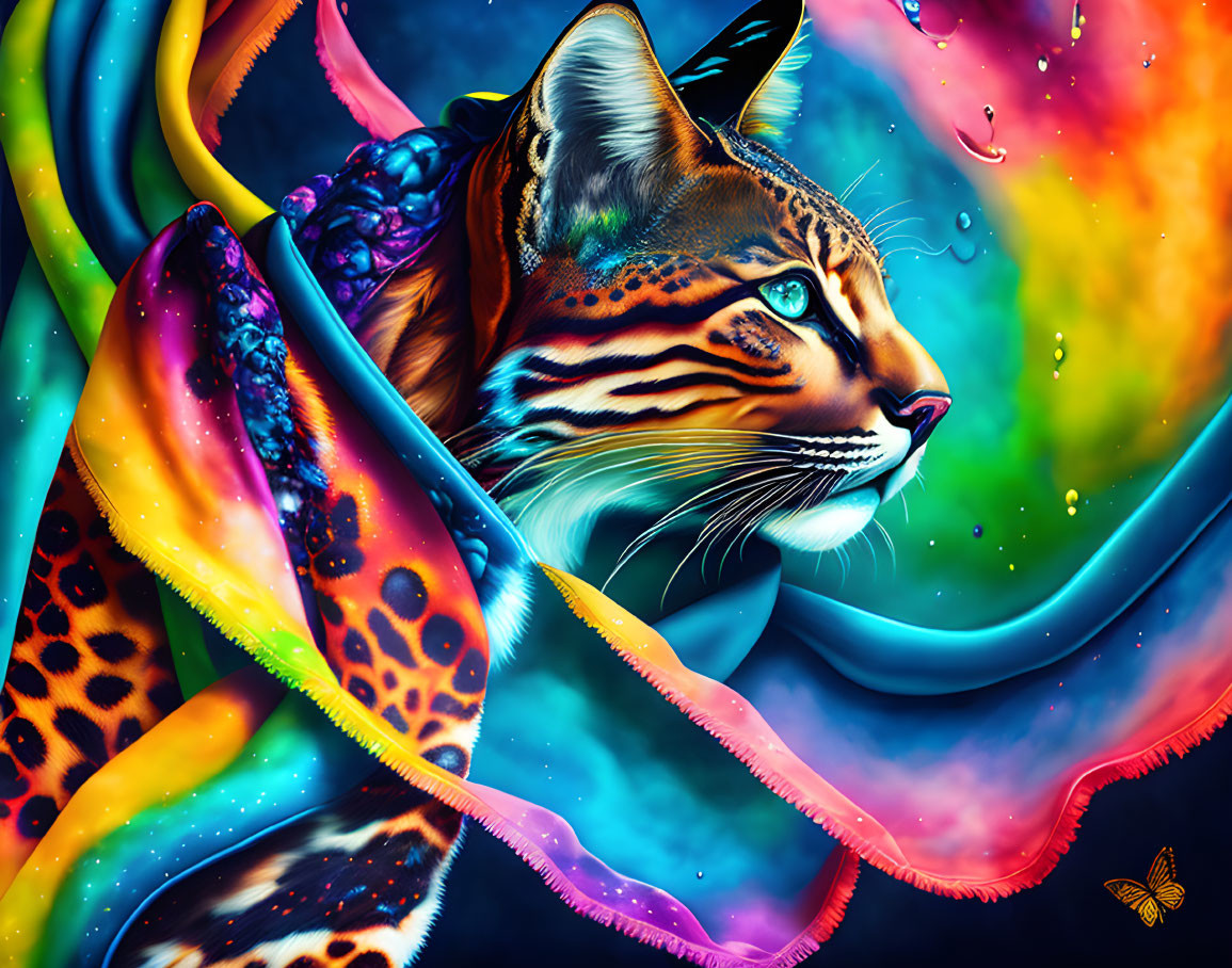 Colorful Tiger Art with Blue Eyes and Neon Petals