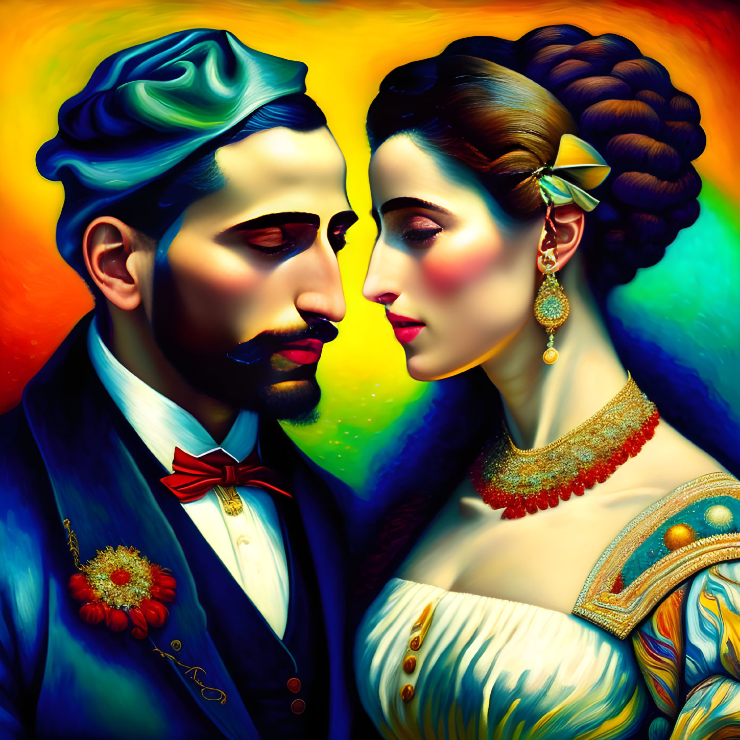 Colorful portrait of stylized man and woman with elaborate hairstyles and elegant attire on warm gradient background