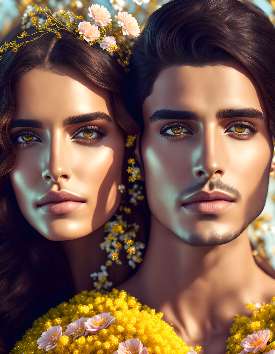 Vibrant digital artwork of woman and man with floral accessories