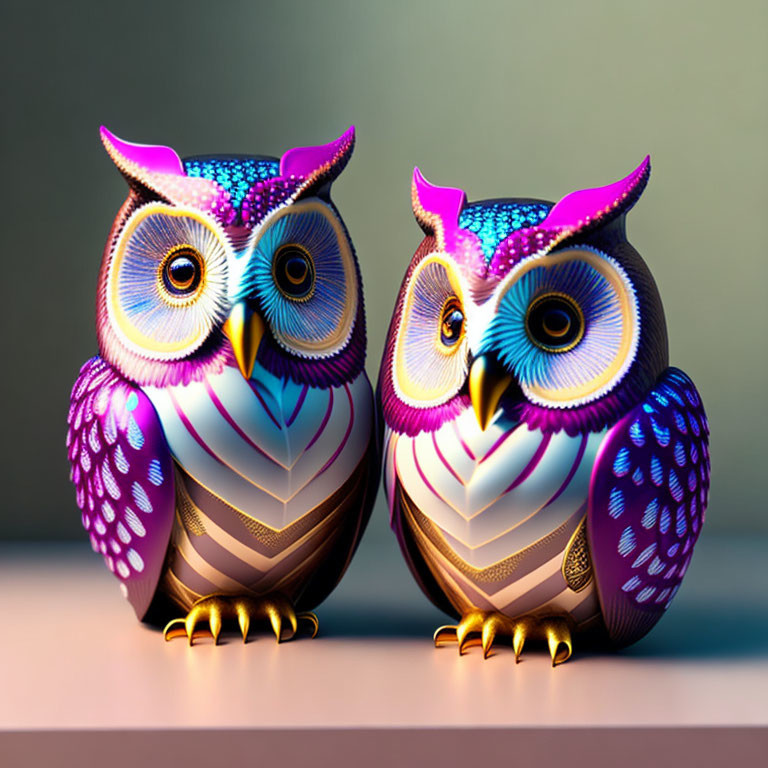 Colorful Stylized Owl Figurines Perched on Gradient Background