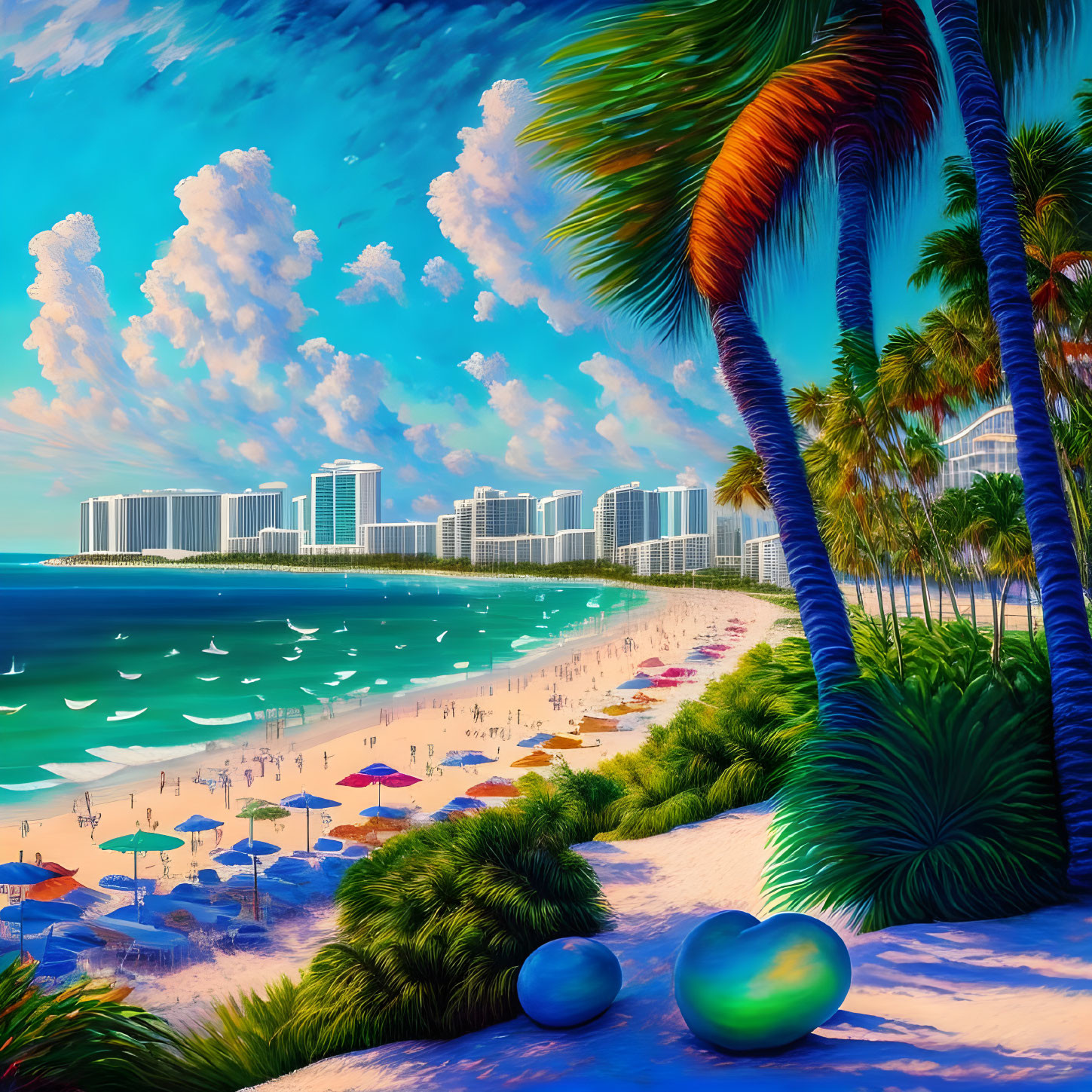 Tropical beach scene with palm trees, colorful umbrellas, blue water, and city skyline under sunny