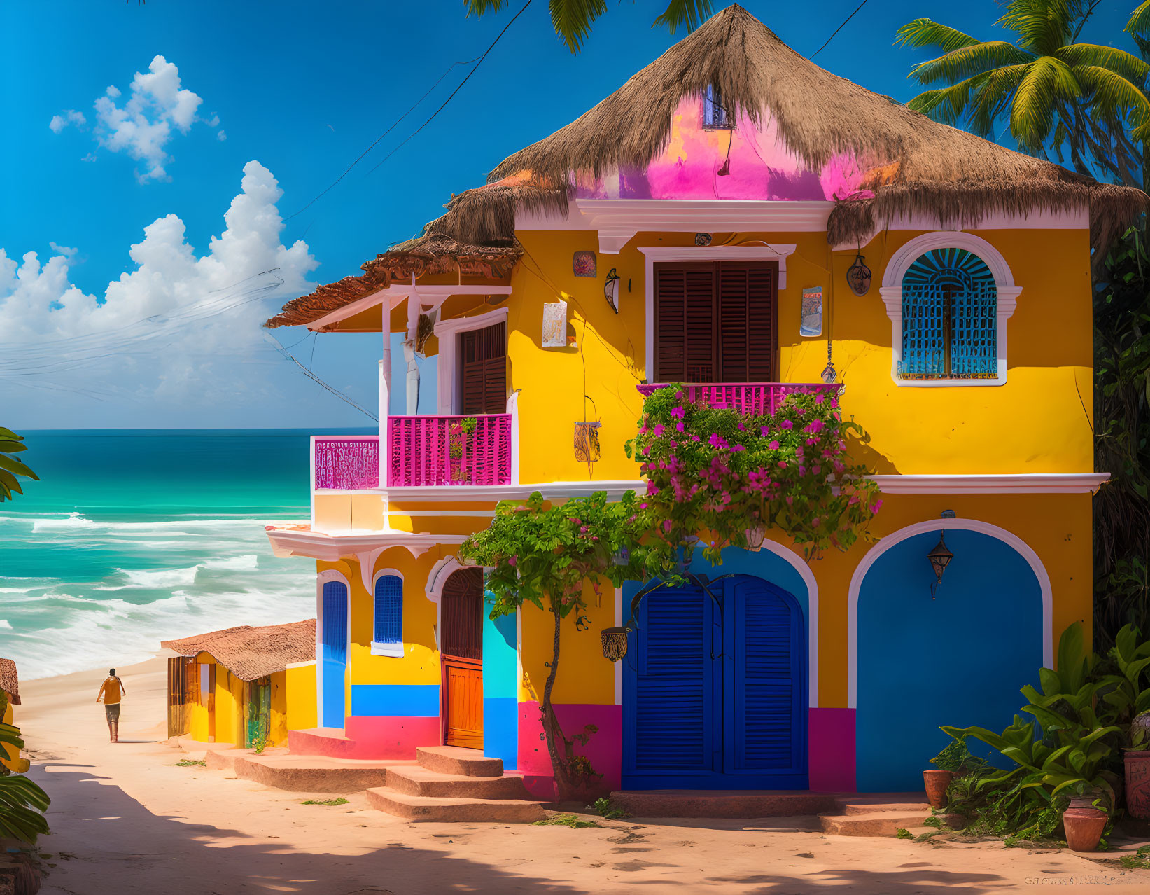 Vibrant beachfront house with yellow and blue walls, red accents, and thatched roof by