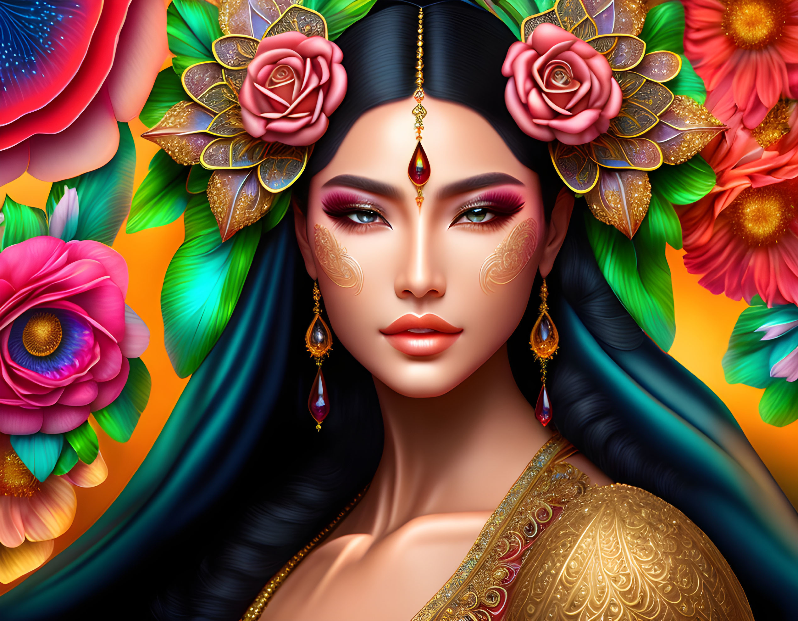 Colorful Woman Portrait with Dark Hair and Floral Adornments