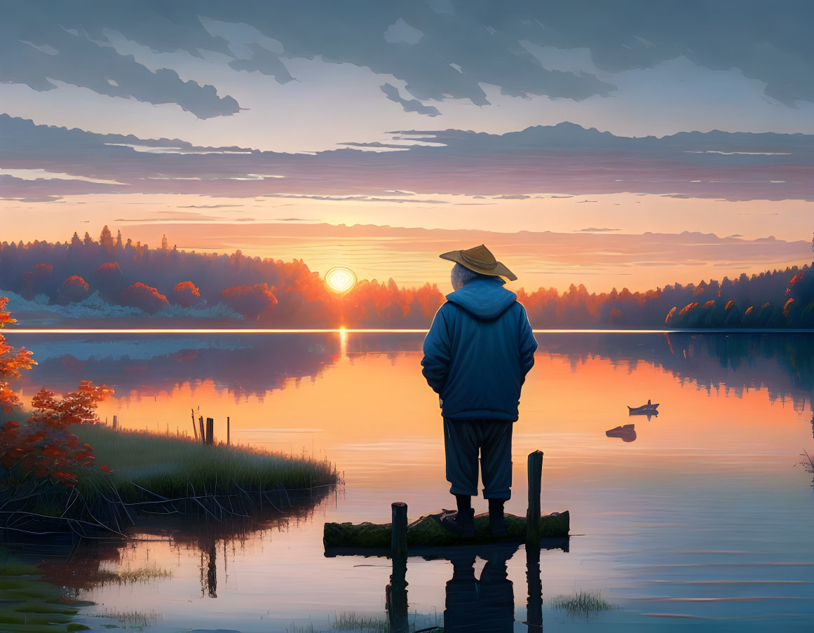 Person in hat and jacket admires sunset over lake from dock