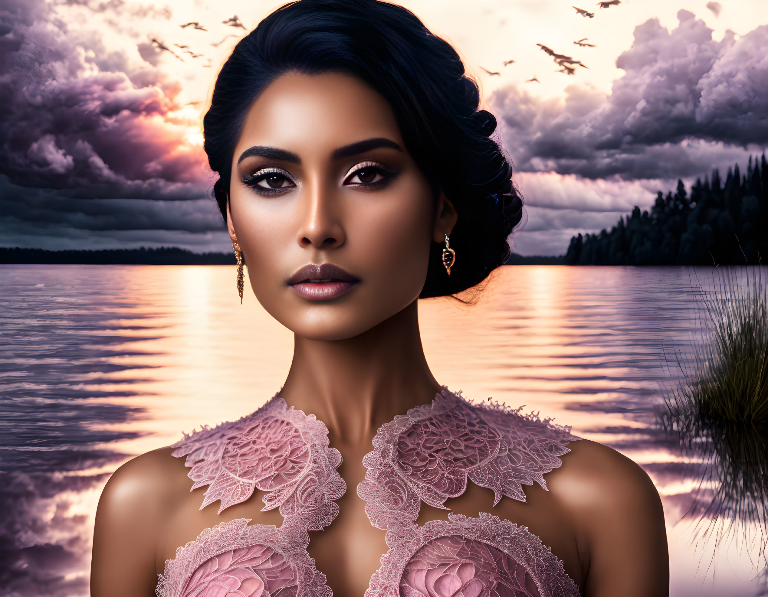 Elegant Woman with Makeup and Hairstyle by Tranquil Lake at Sunset